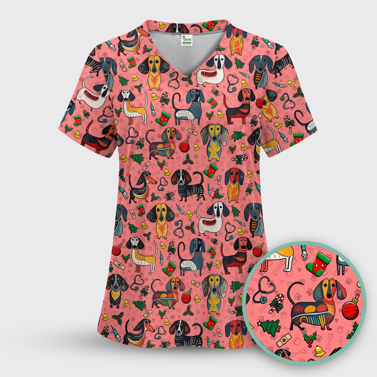 Dachshund Christmas Scrub Top - Cute Wiener Dog Nurse Uniform for Women - Holiday Medical Shirt