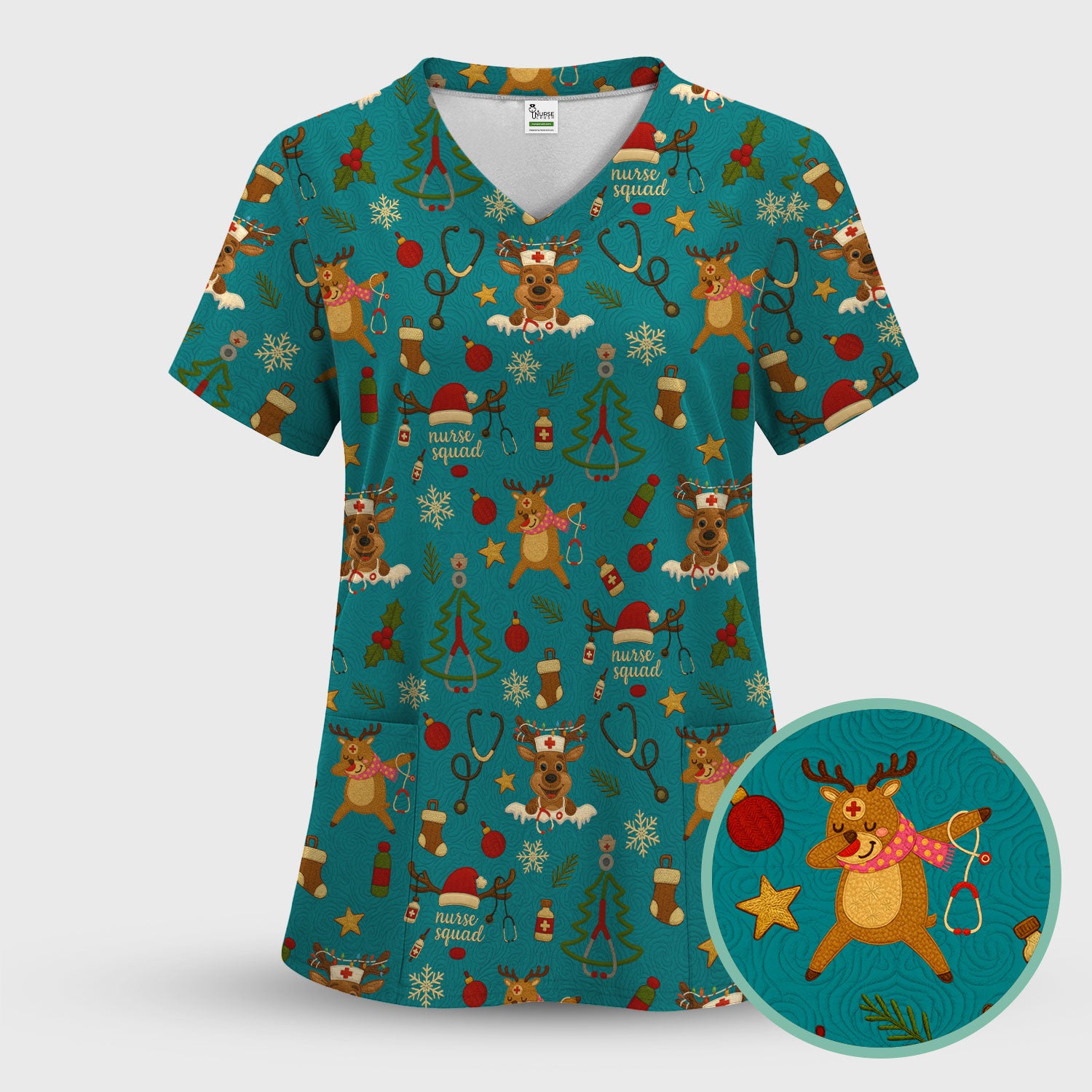 Funny Xmas Scrub Shirt - Cute Reindeer Holiday Scrub Top - Christmas Medical Scrubs Gift for Women CNA RN Doctor Nurse Tech Staff Hospital Team