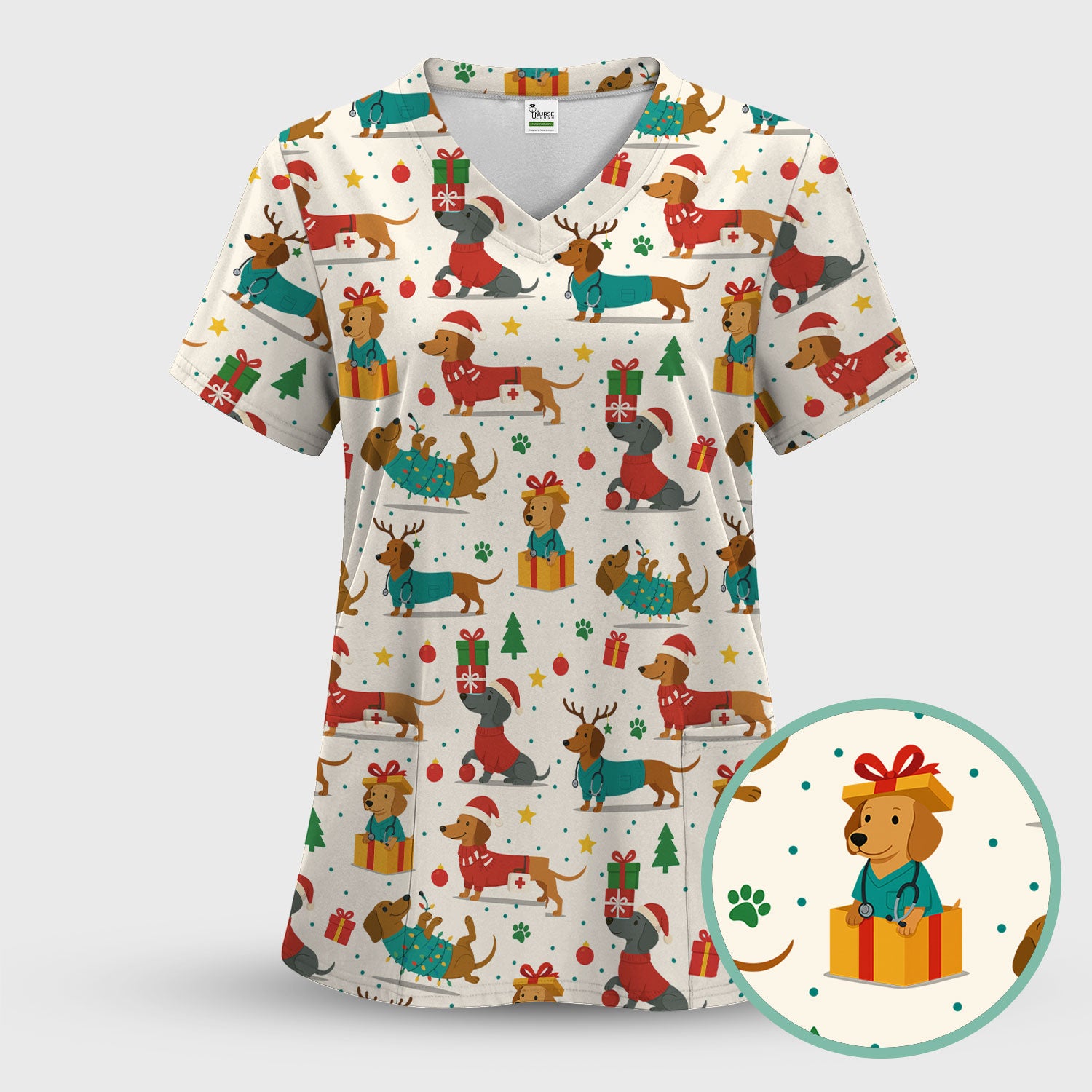 Christmas Dog Scrub Top for Women - Cute Dachshund Nurse Shirt - Holiday Medical Scrubs Gift for CNA RN Doctor