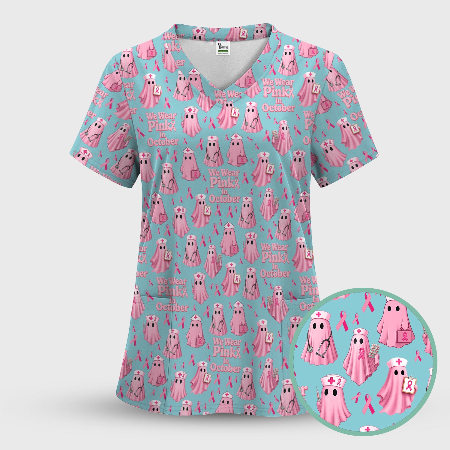 Halloween Breast Cancer Awareness Scrub - We Wear Pink In October & Ghost Nurse Design - October Gift for RN LPN CNA