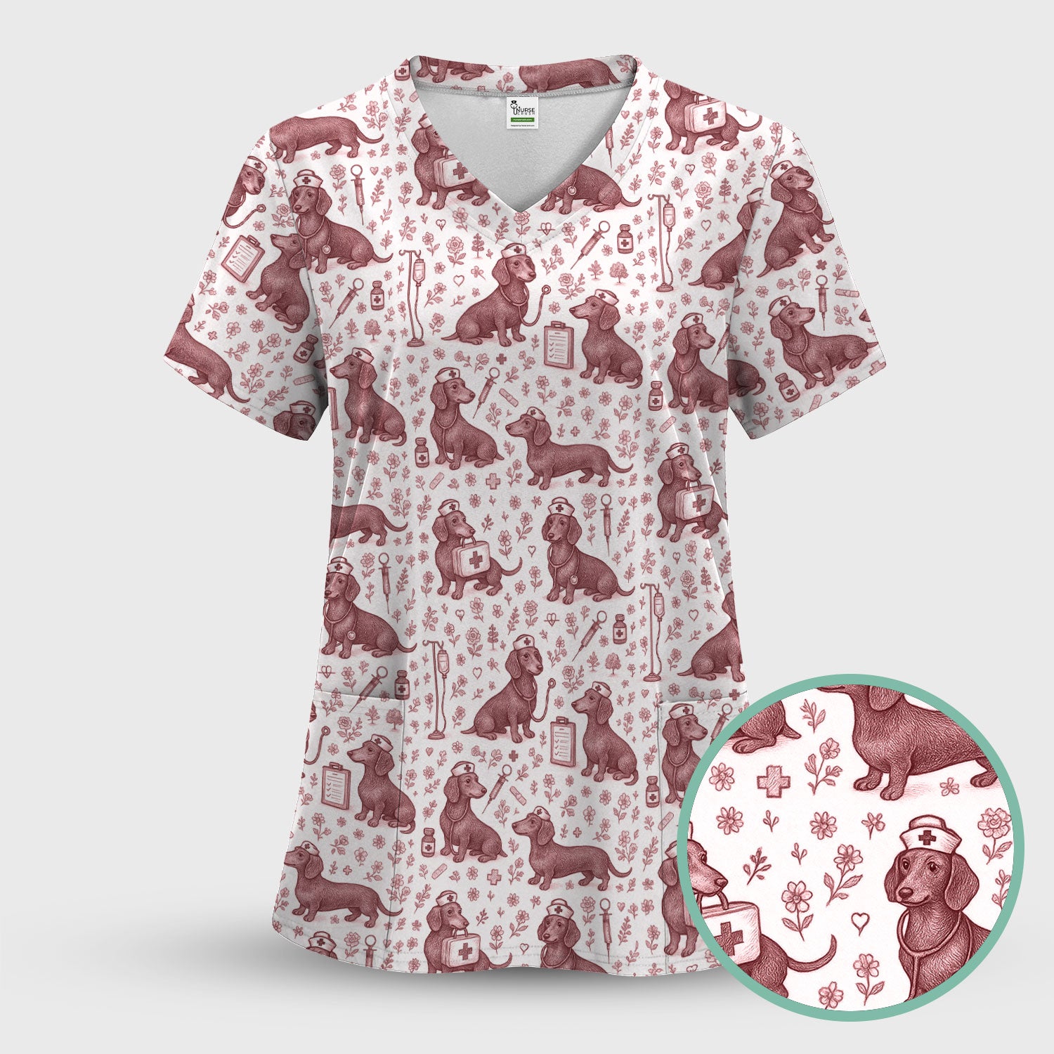 Dachshund Nurse Scrub Top - Cute Dog Pattern Scrubs for Women - Funny Medical Shirt with Vintage Line Art Design