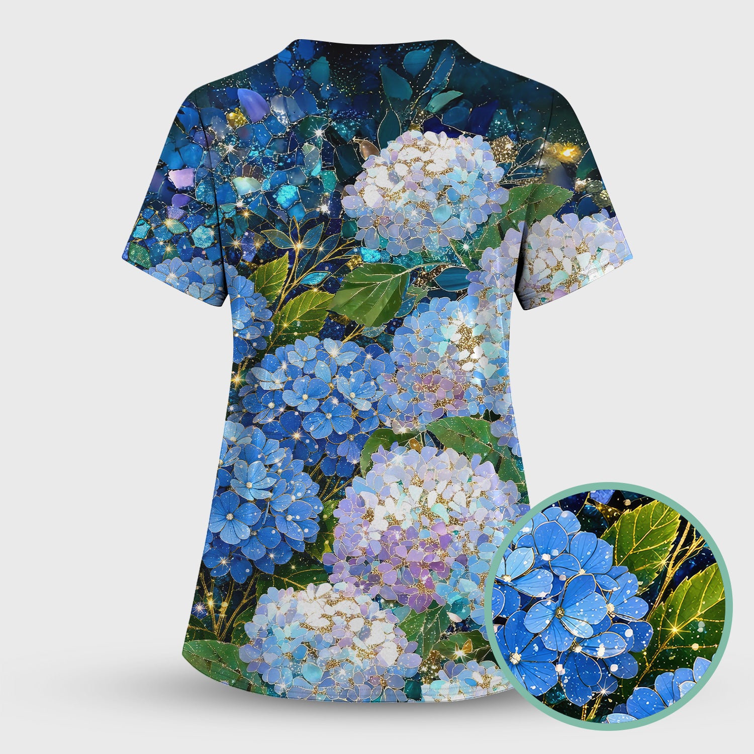Blue Hydrangea Floral Pattern Scrub Set, Scrub Pants and V Neck Top