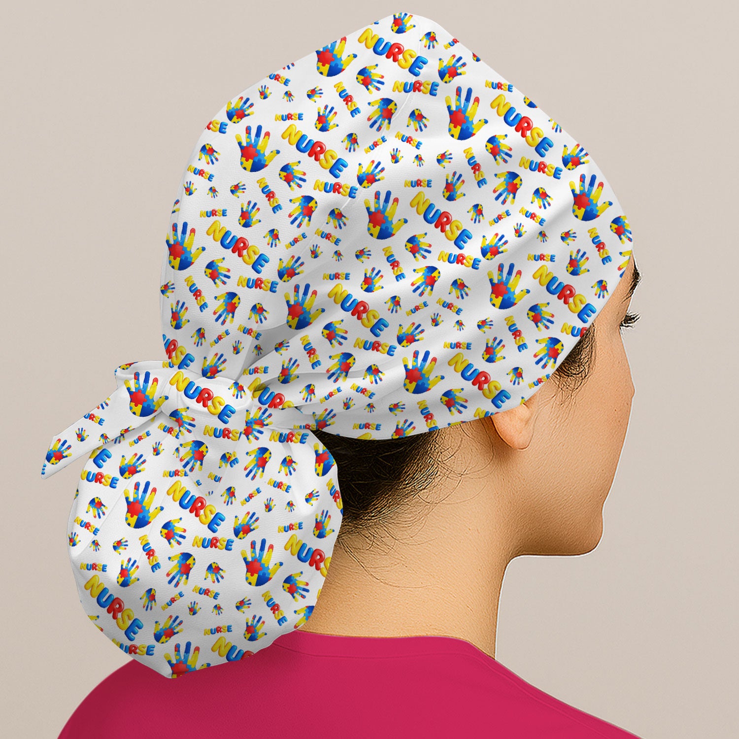 Colorful Autism Handprint Nurse Pattern Cap, Bouffant Scrub Caps for Women