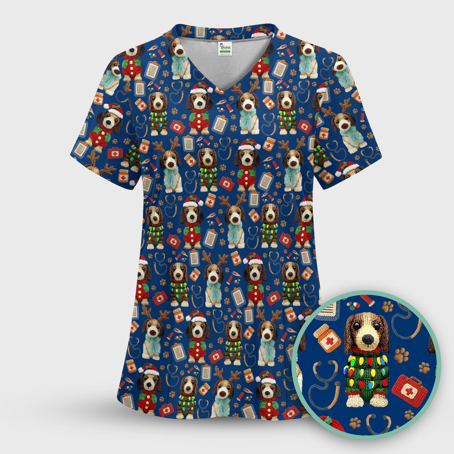 Christmas Doxie Scrubs for Women - Cute Dachshund Christmas Scrub Top for Nurses - Funny Medical Uniform Gift
