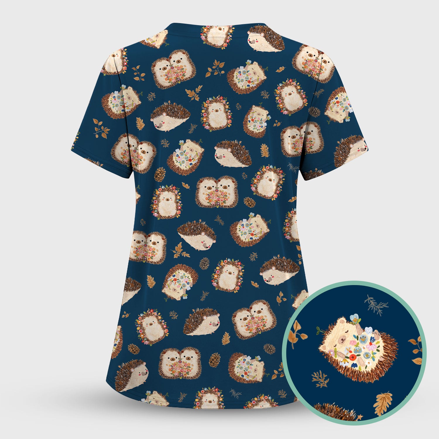 Cute Hedgehog Floral Scrub Set, Breathable Med Uniform