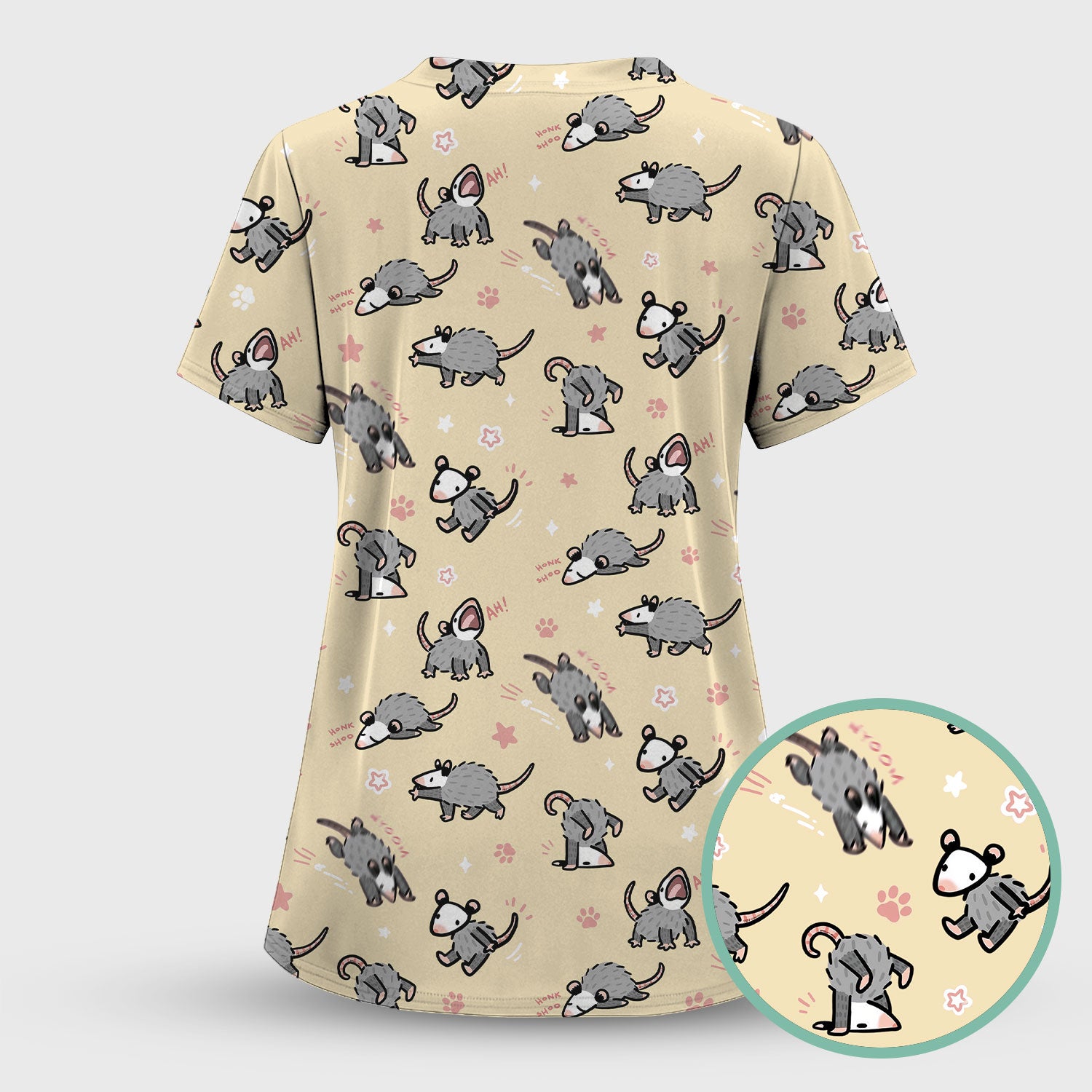 Playful Cartoon Opossum Character Pattern Scrub Top, Breathable Fabrics Nursing Uniform