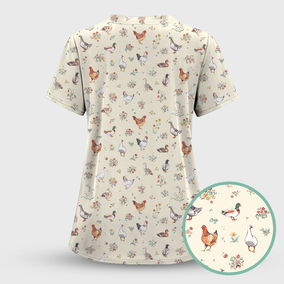 Farm Chicken Duck Floral Pattern Scrubs Sets, Scrub Pants and V Neck Top