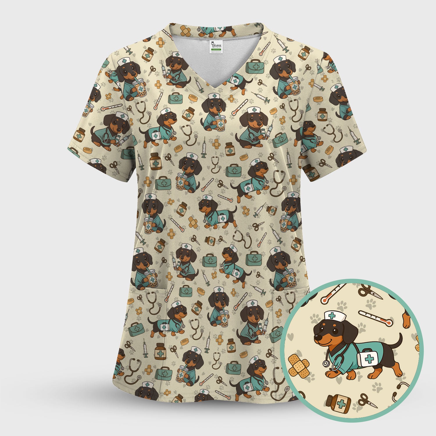 Funny Dachshund Nurse Scrubs - Cute Dog Print Medical Shirt - Holiday Nurse Scrub Top Gift for RN CNA Doctor, Women & Men