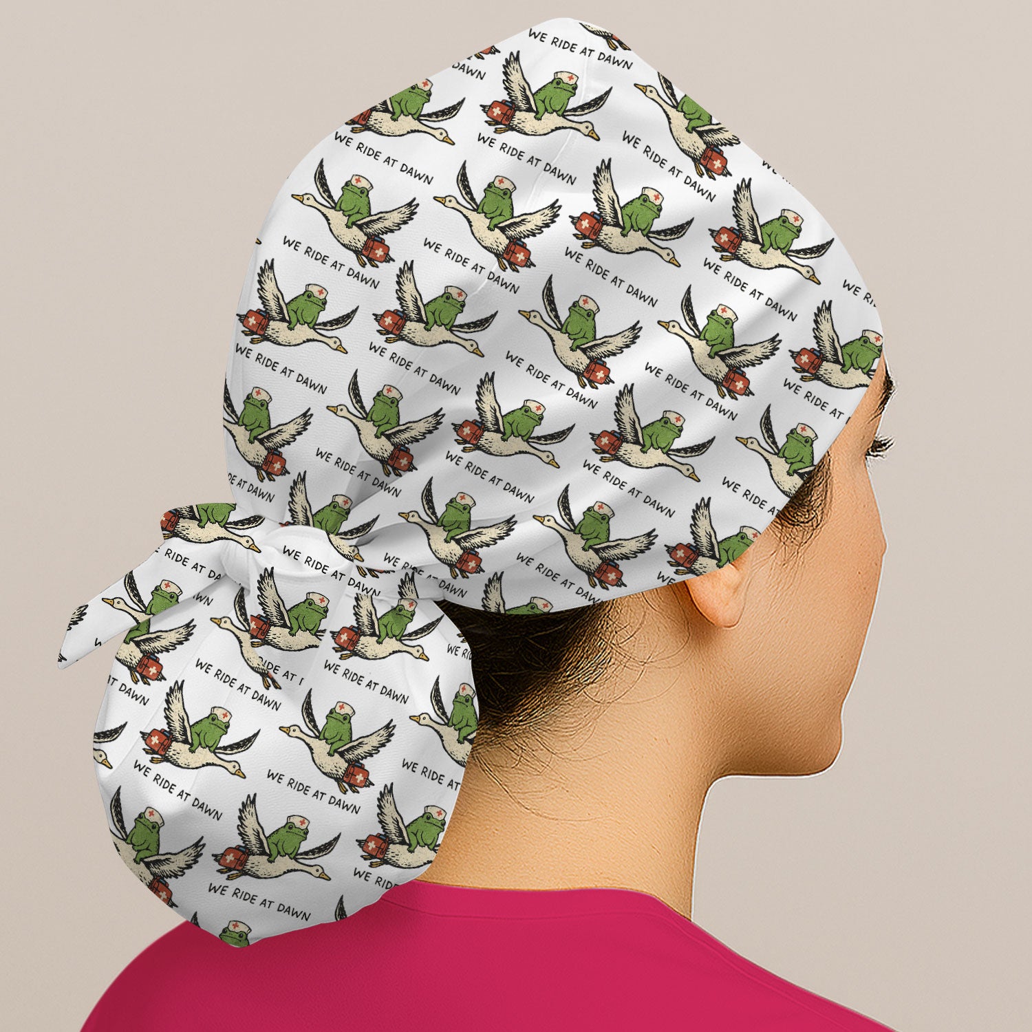 Funny Frog Riding Goose Nurse Pattern Cap, Bouffant Scrub Caps for Women