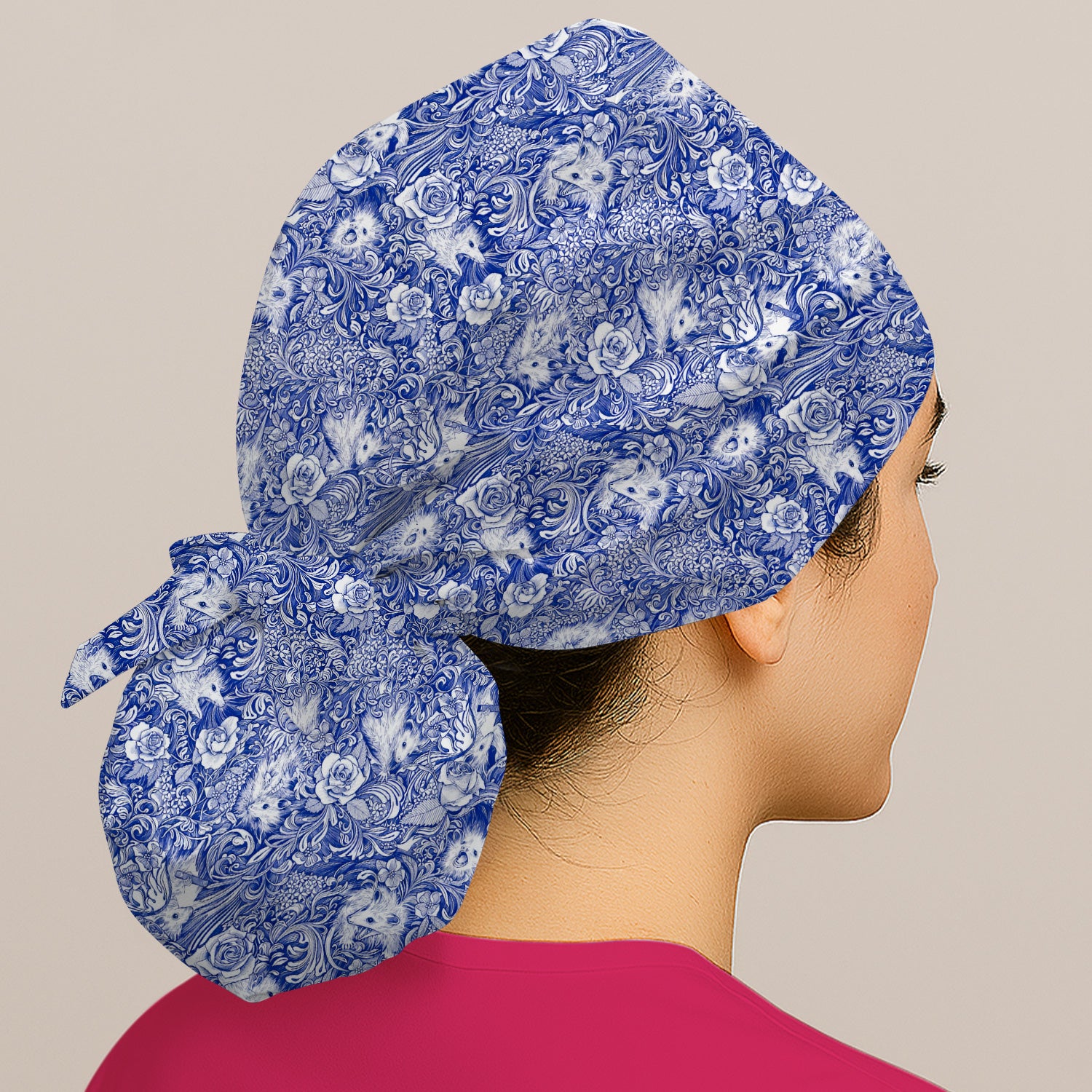 Blue Toile Opossum Floral Pattern Scrub Cap, Surgical Caps for Doctors
