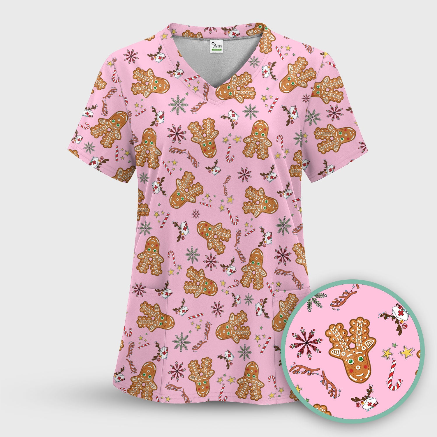 Gingerbread Cookies Reindeer Scrub Top - Funny Christmas Gingerbread Nursing Uniform - Comfortable Scrubs for Nurses