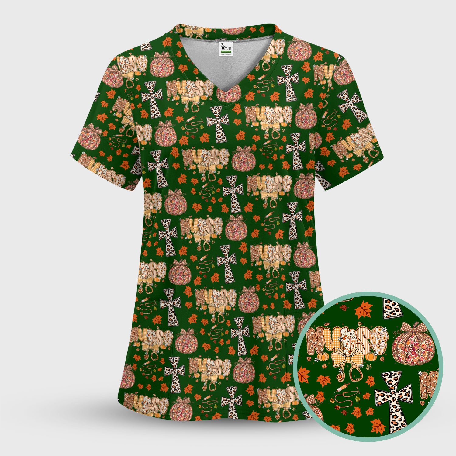 Floral Pumpkin Scrub Top for Women - Coquette Bow Thanksgiving Shirt - Comfortable Medical Uniform