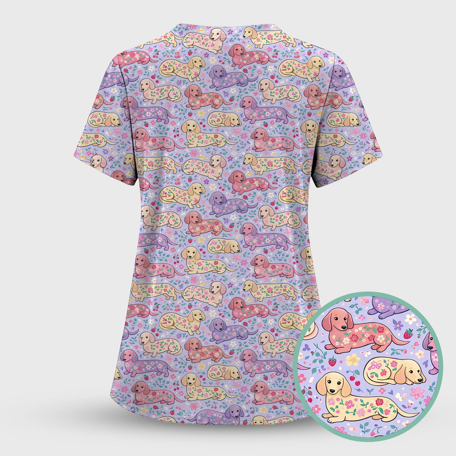 Cute Dachshund Floral Pattern Scrub Set, Scrub Pants and V Neck Top