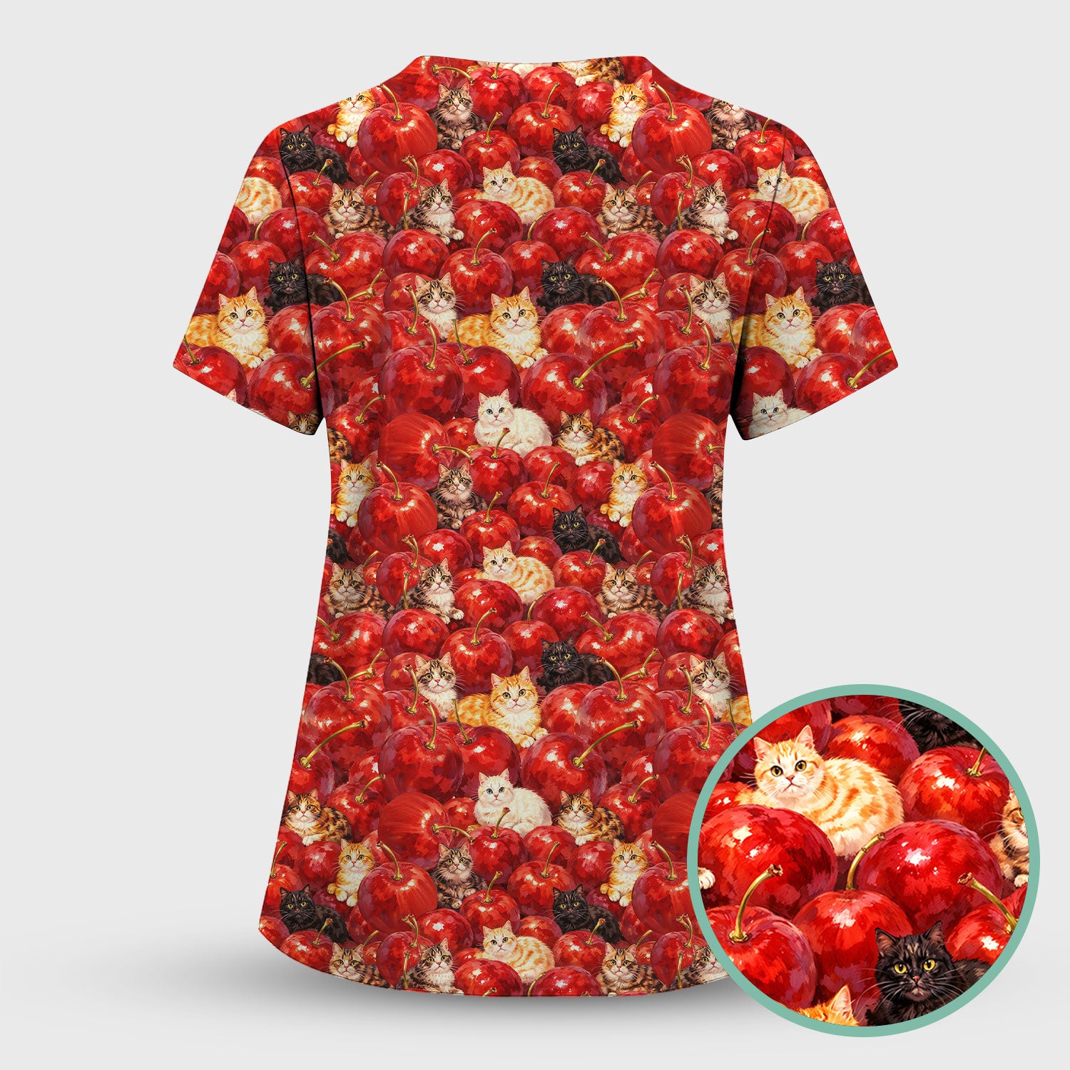 Cute Cat Cherry Pattern Scrub Top,  Comfortable Scrubs for Nurses