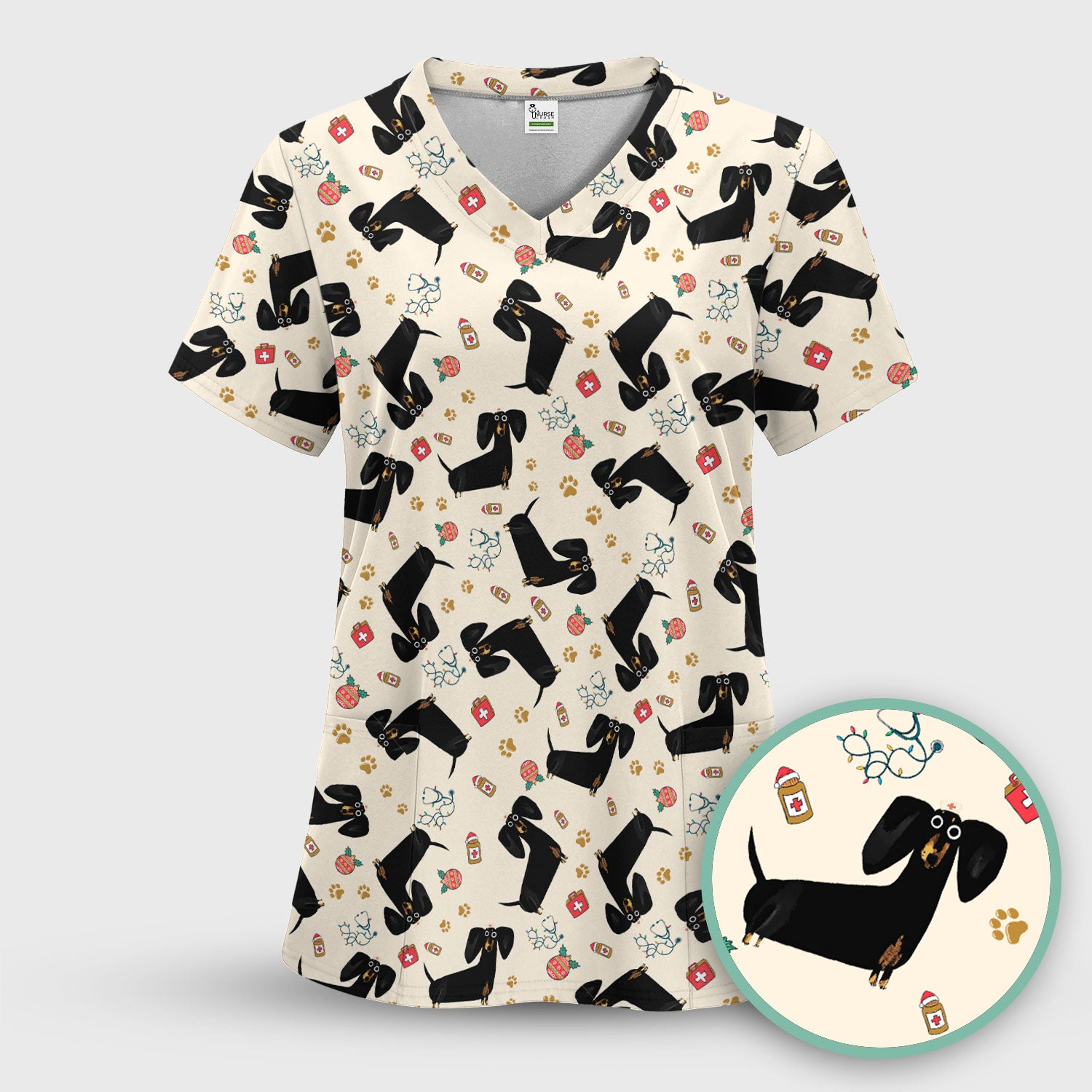 Funny Black Dachshund Scrub Top for Nurses - Cute Wiener Dog Medical Shirt - Puppy Lover Nursing Gift for Women