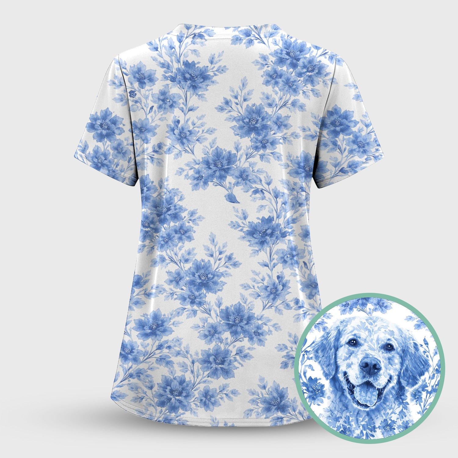 Personalized Pet Photo Floral Scrub Top, Breathable Fabrics Nursing Uniform