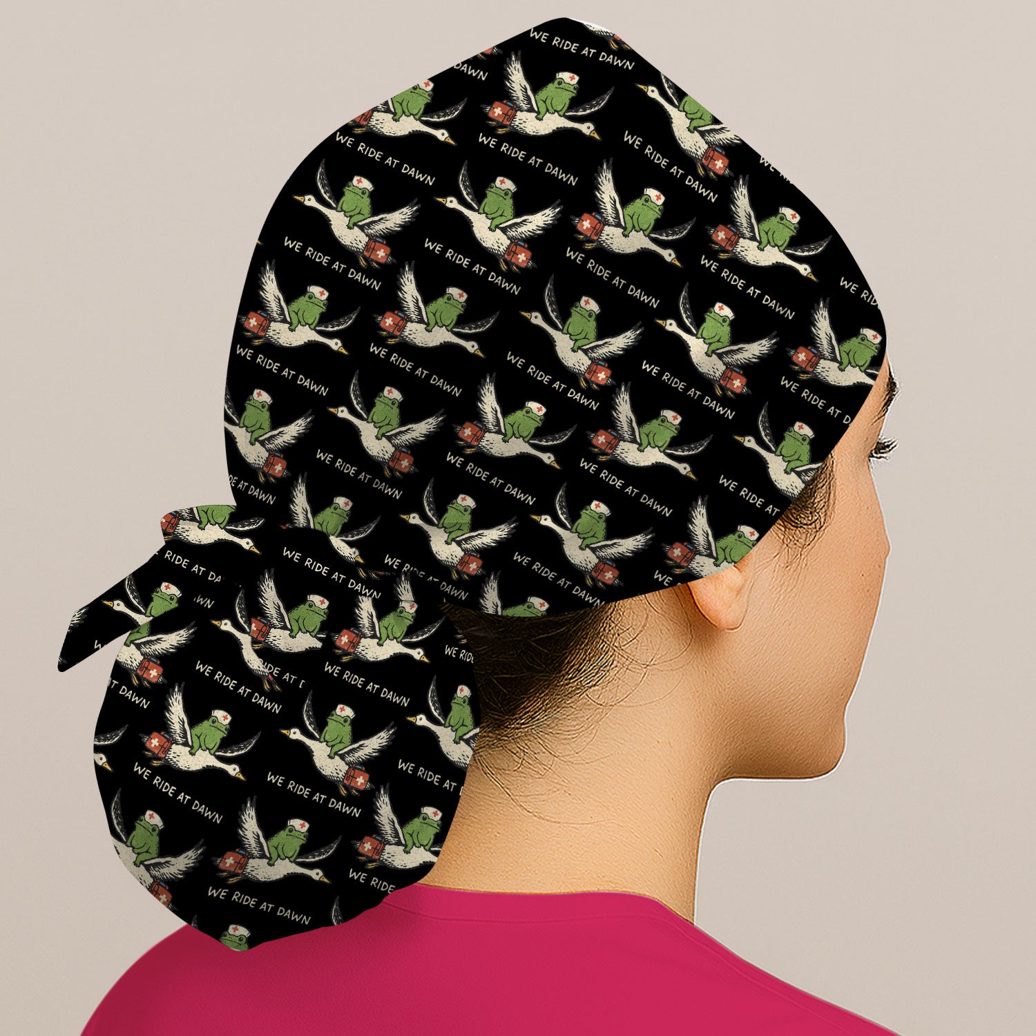 Funny Frog Riding Goose Nurse Pattern Cap, Bouffant Scrub Caps for Women