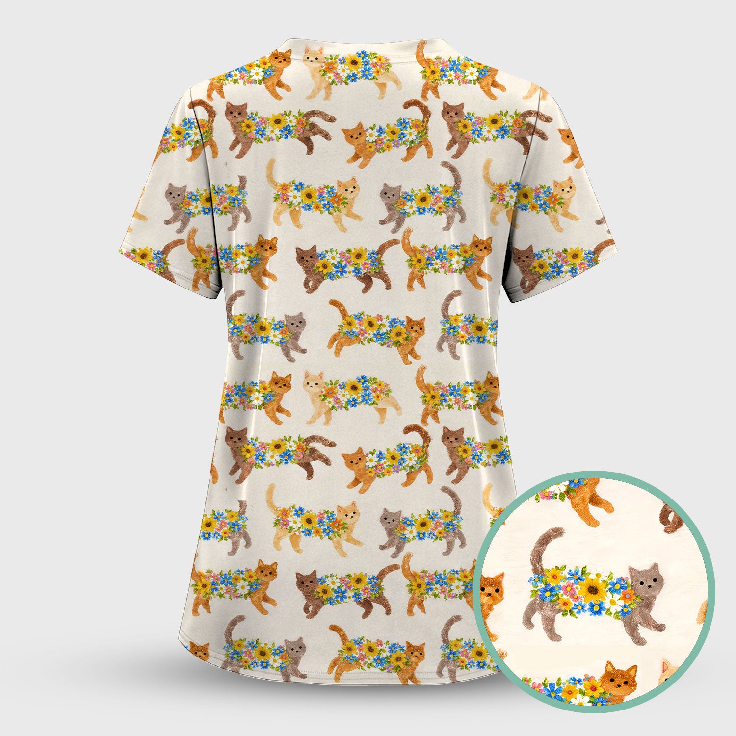 Cute Flower Filled Cat Pattern Scrub Top, Breathable Fabrics Nursing Uniform