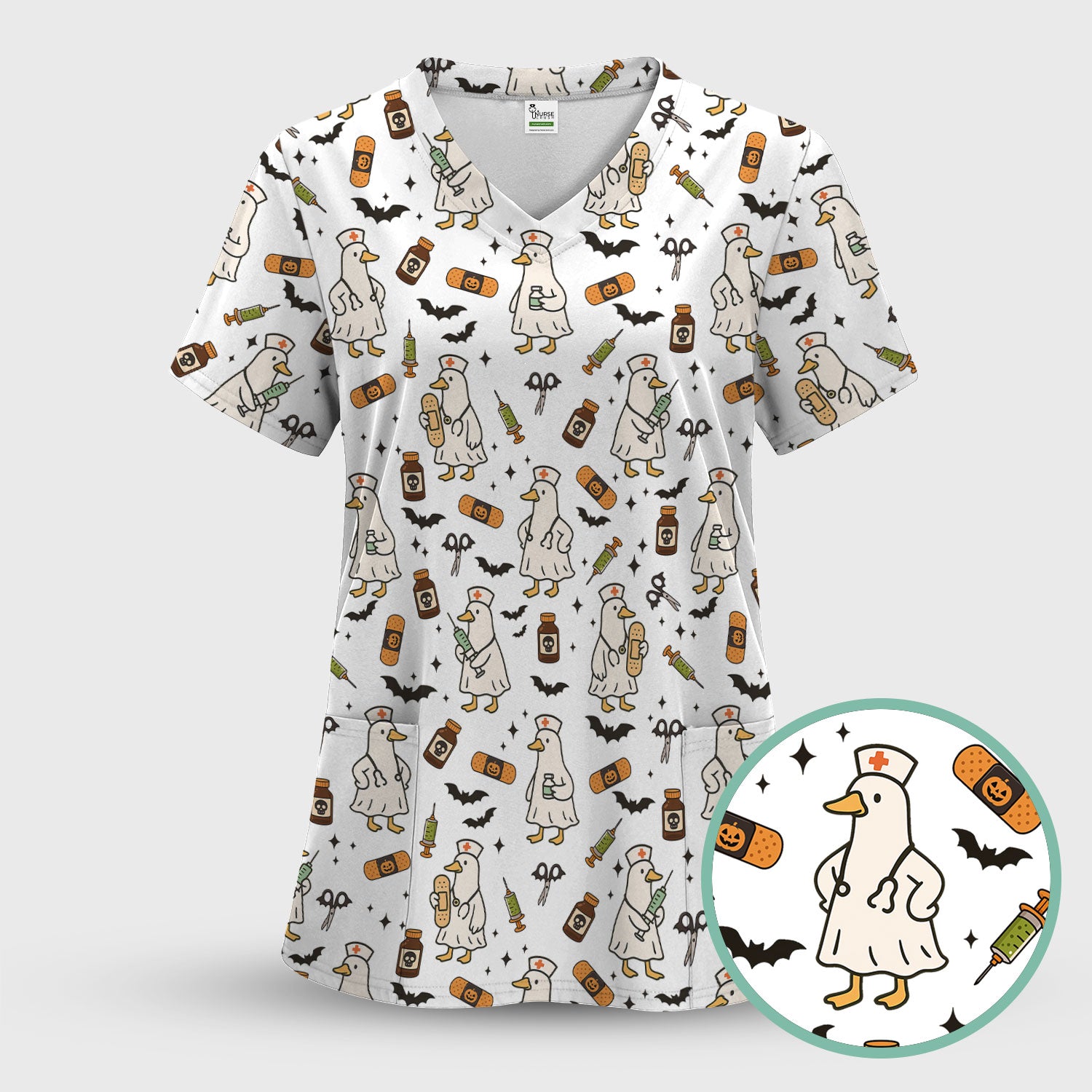 Cute Duck Pattern Nurse Scrub Top - Funny Goose Halloween Medical Design - Playful Spooky Nursing Shirt for RN LPN CNA Women