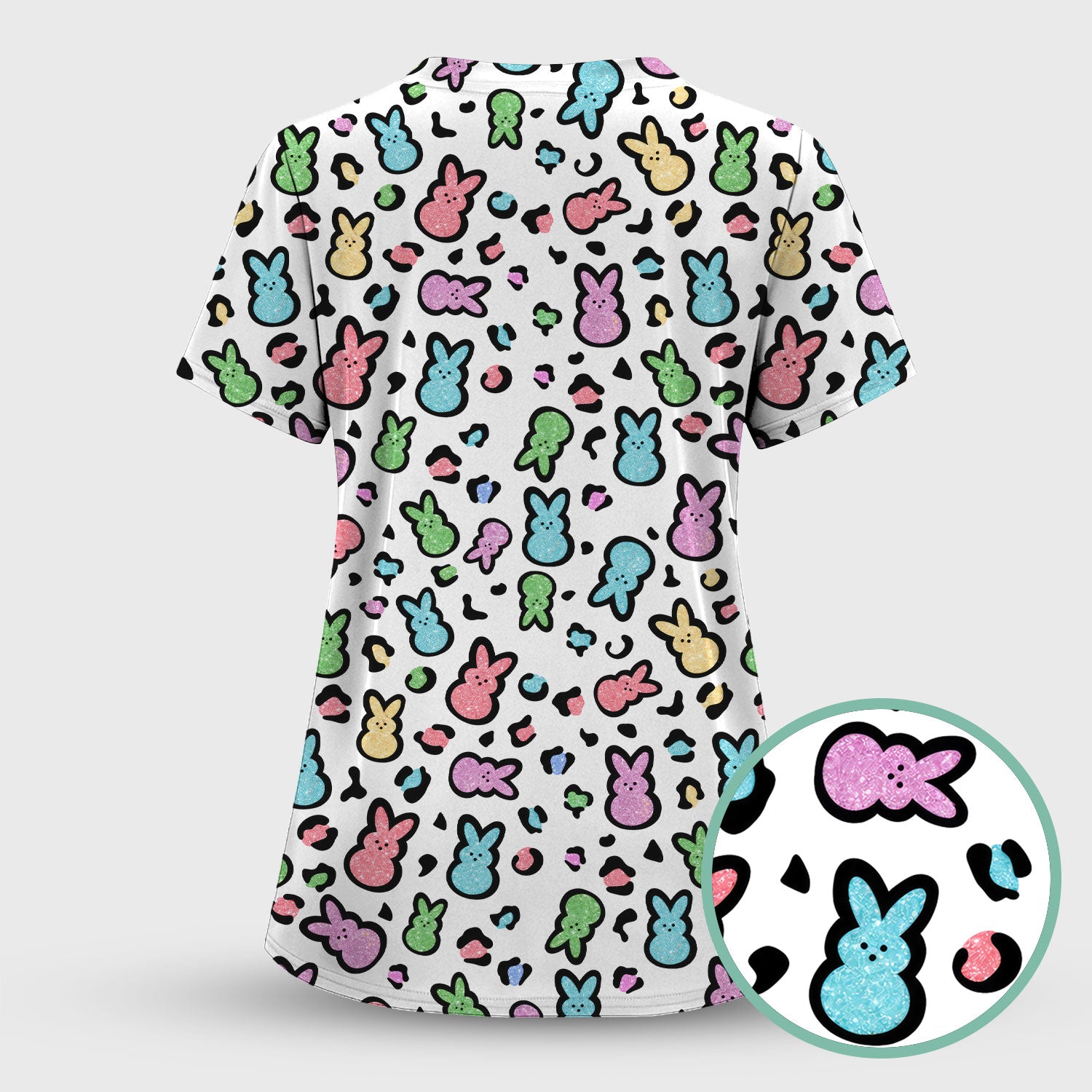 Cute Easter Bunny Pastel Pattern Scrub Set, Scrub Pants and V Neck Top