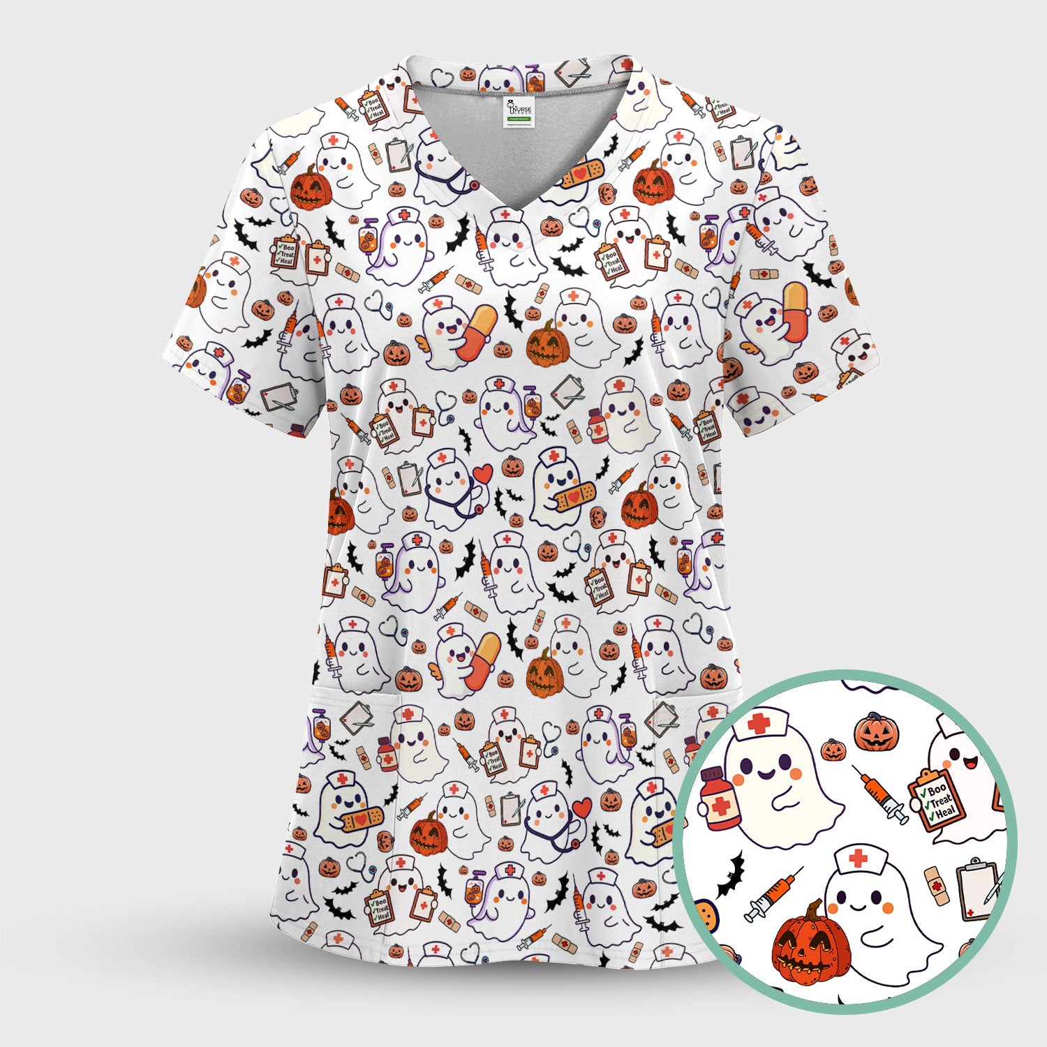 Women's Scrub Sets Halloween Gift - Comfortable Scrubs for Nurses - Pumpkin Ghost Scrub Pants and V Neck Top