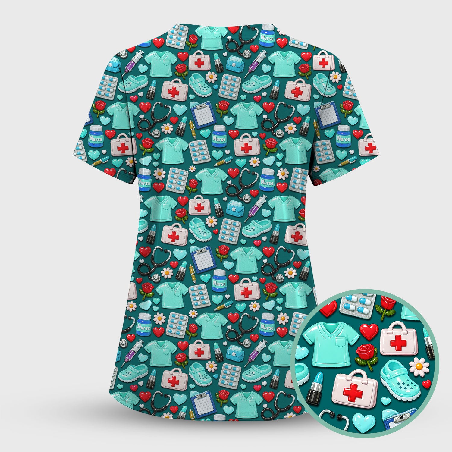 Medical Icons Scrub Set, Cute Pattern Nurse Shirt, Breathable Fabrics Nursing Uniform