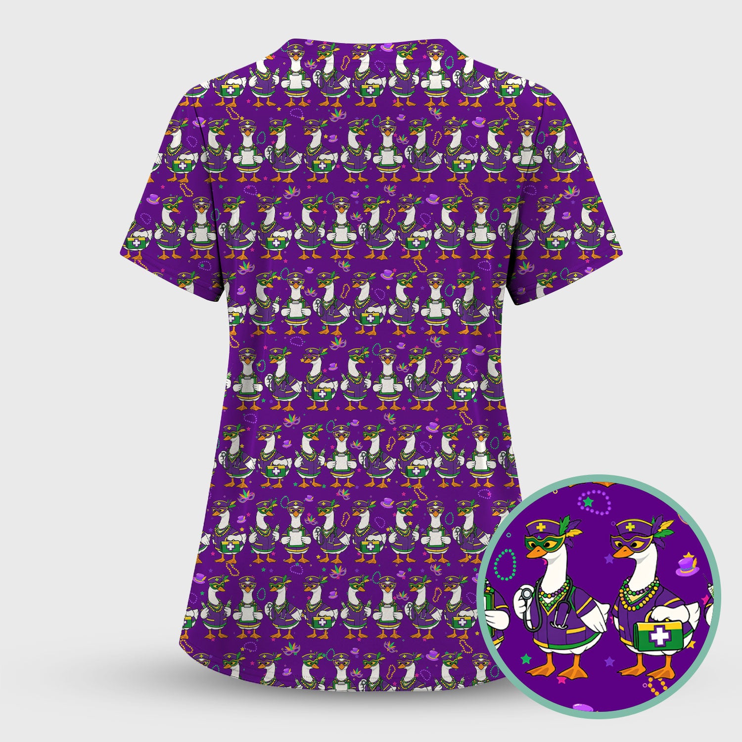 Mardi Gras Nurse Goose Scrub Set, Purple Carnival Parade Medical Pattern Nurse Shirt, Breathable Fabrics Nursing Uniform