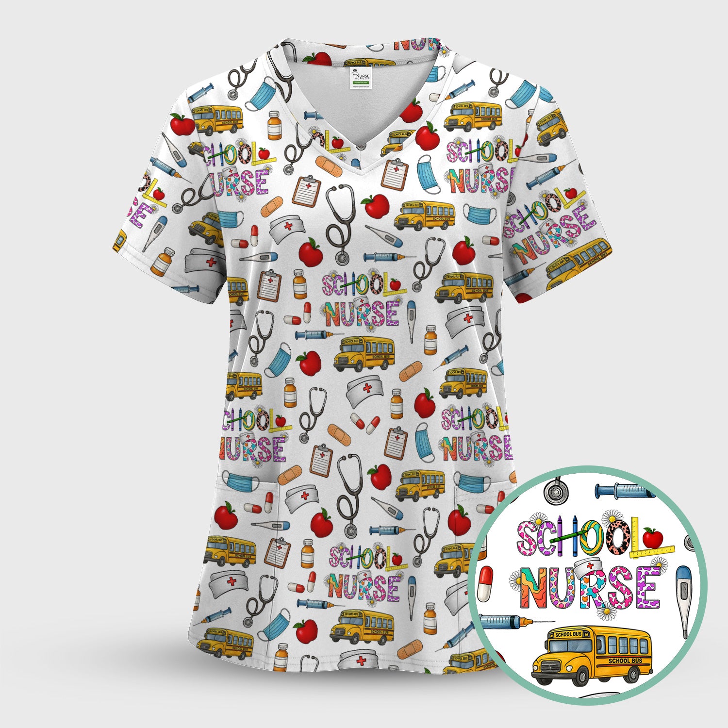 Cute School Nurse Scrub Top - Funny School Bus & Stethoscope Pattern Design - Gift for Women RN LPN