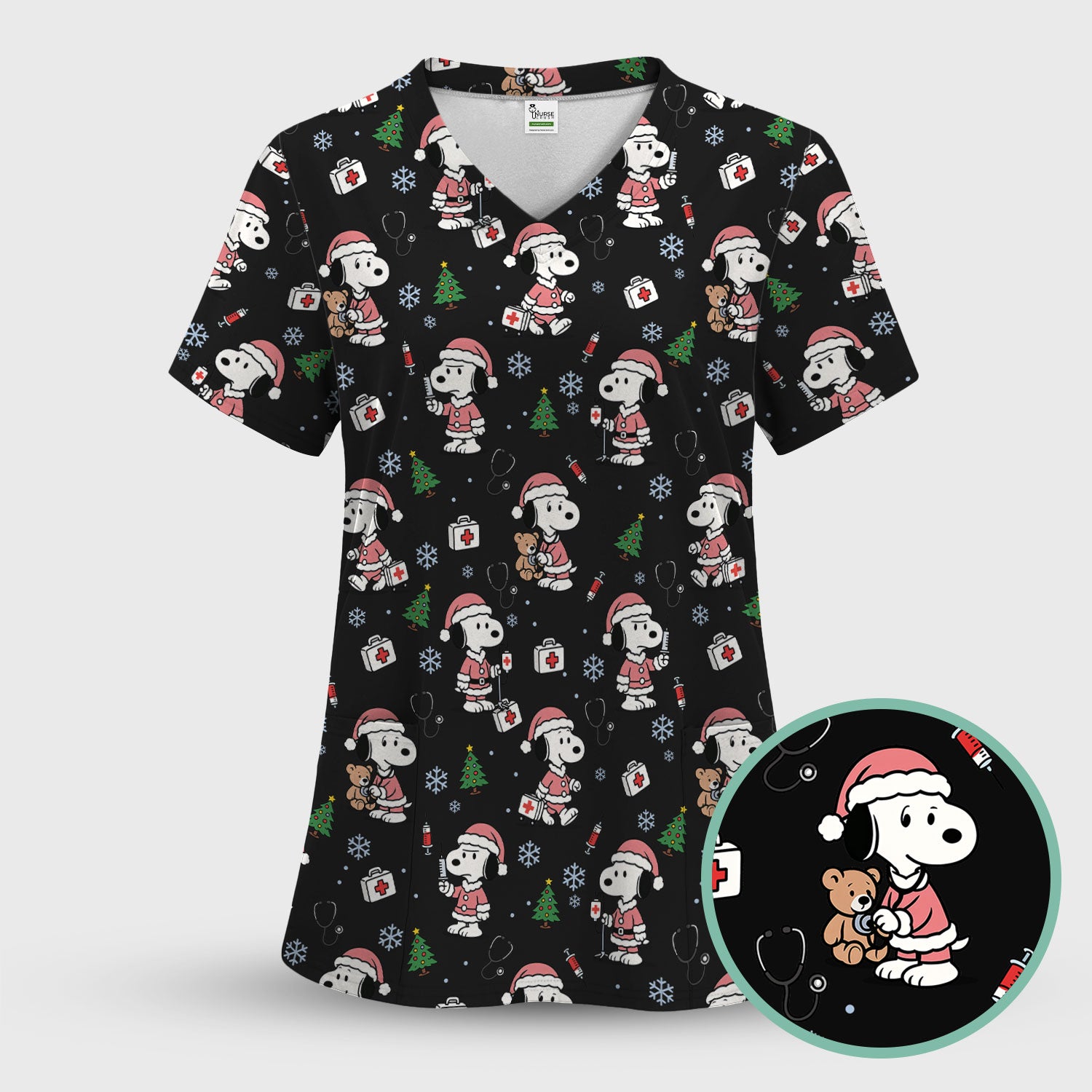 Snoopy Christmas Nurse Scrub Top for Women - Cute Cartoon Holiday Medical Uniform with Pockets - Nursing Gift for RN CNA LPN
