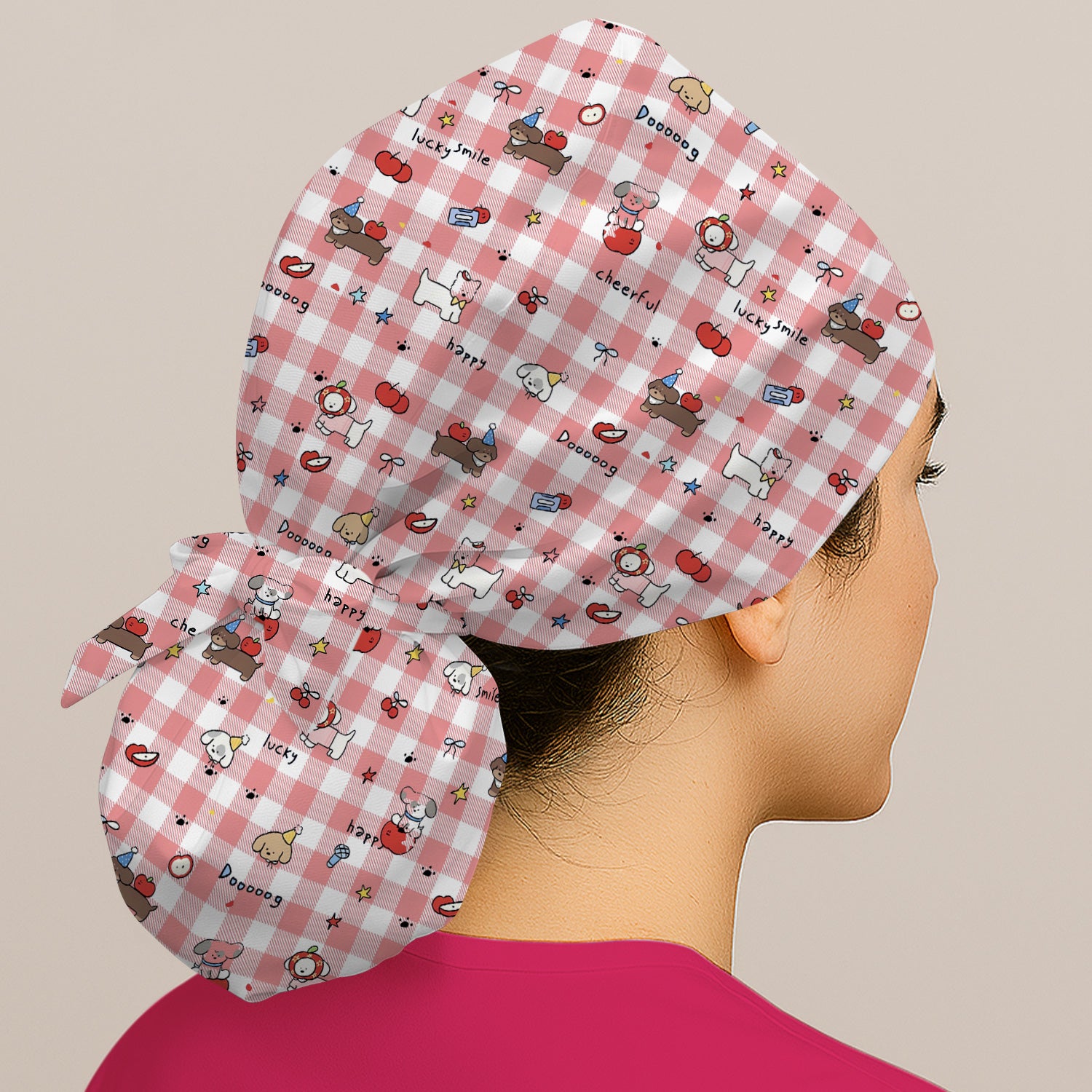 Cute Nurse Cartoon Puppy Apple Gingham Scrub Cap, Surgical Caps for Doctors