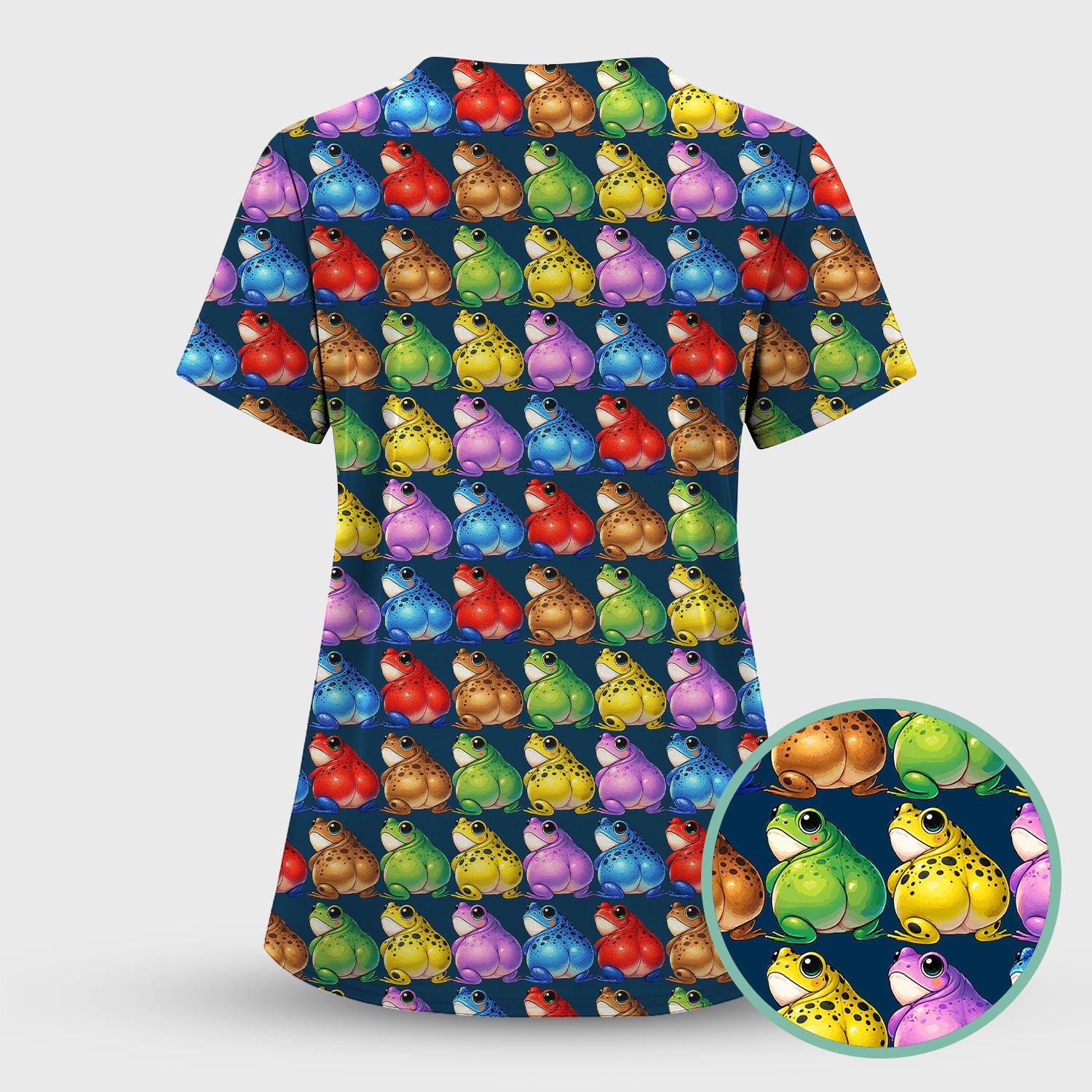 Funny Colorful Frogs Pattern Scrubs Sets, Scrub Pants and V Neck Top