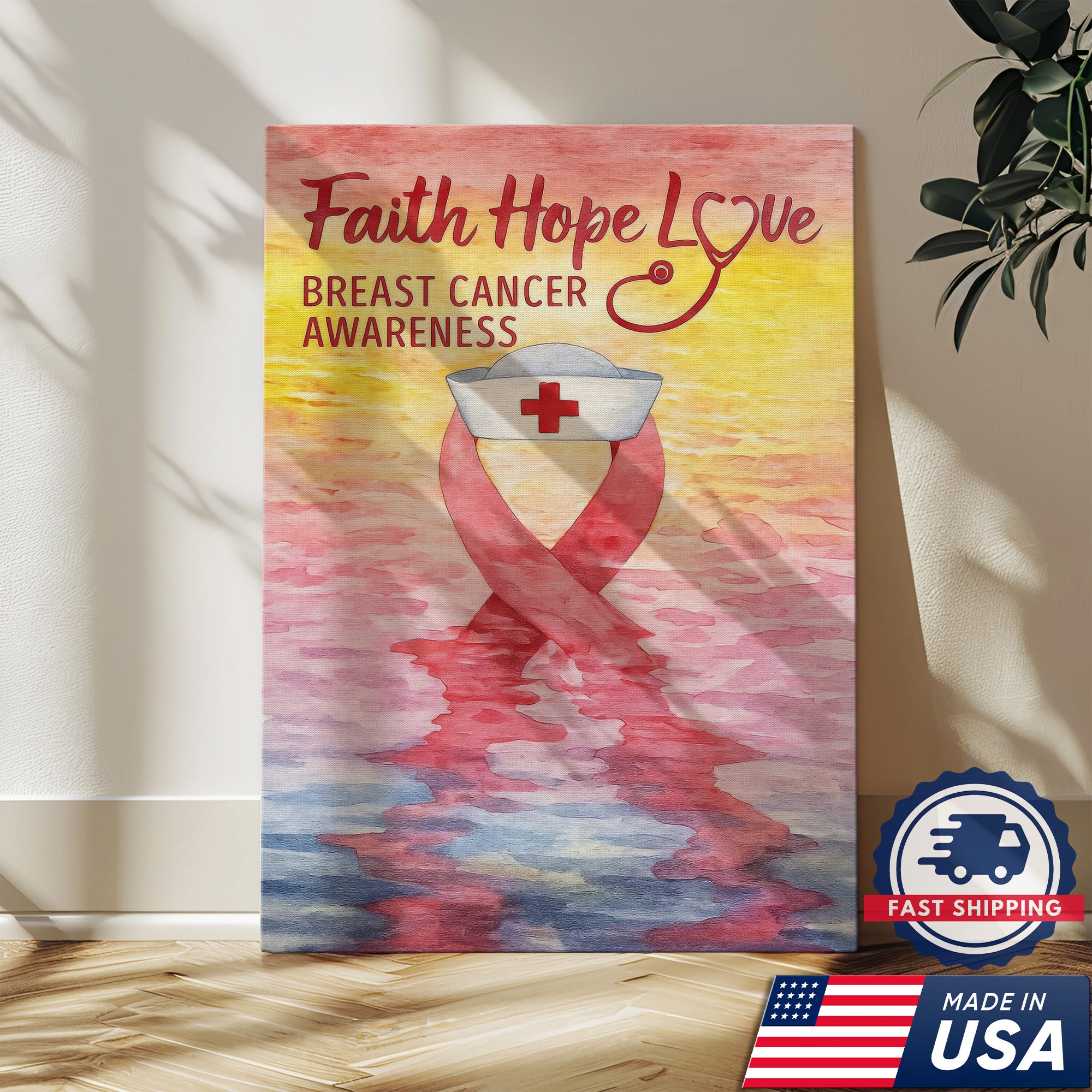 Faith Hope Love Breast Cancer Awareness Canvas, Inspirational Nurse Gift Home Decor, RN LPN CNA Gift