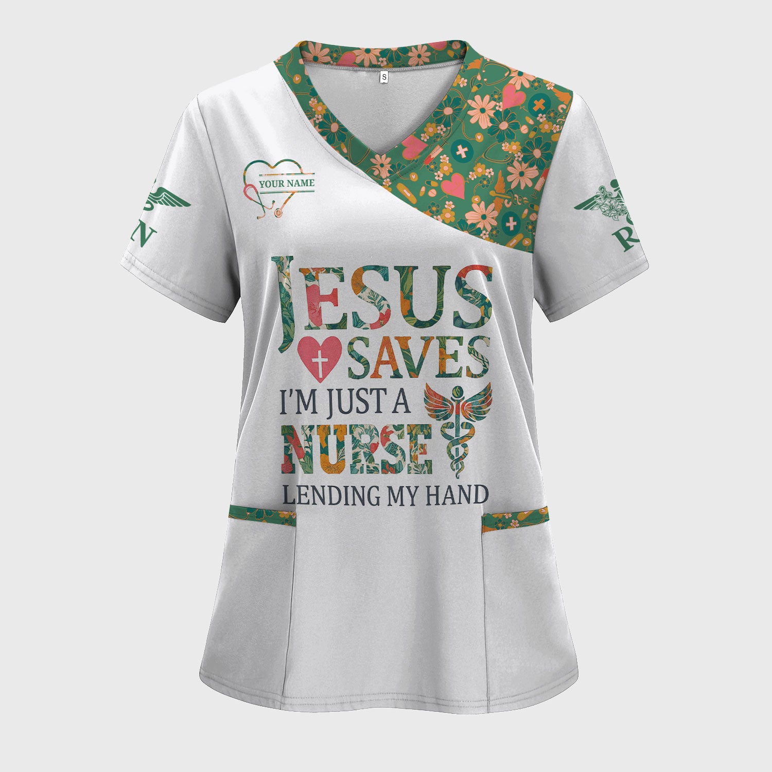Personalized Christian Nurse Scrub Top - Jesus Saves I'm Just a Nurse Quote - Faith Based Gift for RN CNA LPN