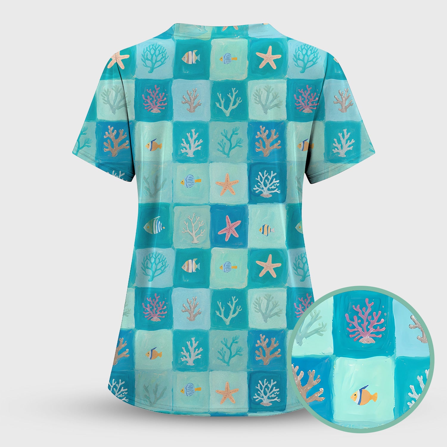 Ocean Coral Fish Checkered Pattern Scrub Top, Comfortable Scrubs for Nurses