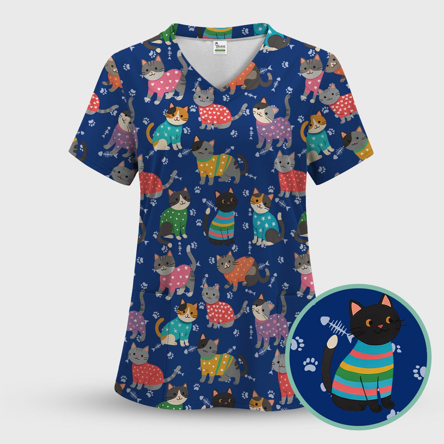 Cute Cat Nurse Scrub Top Multi Color - Funny Kitty Print Scrub Shirt for Women - Colorful Nursing Work Shirt with Pockets
