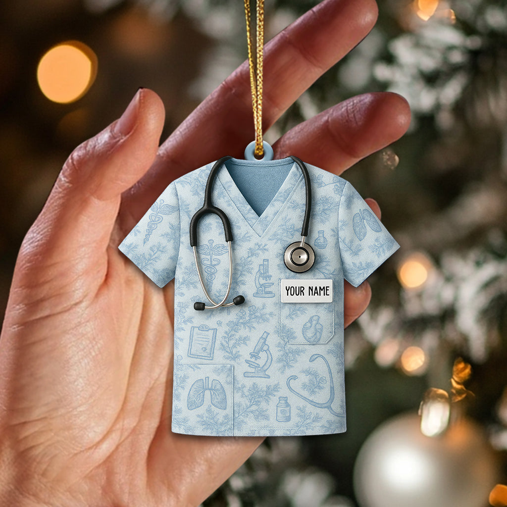 Toile de Jouy Scrub Shirt Ornament – Custom Name Nurse Christmas Decor for Healthcare Workers & Medical Staff