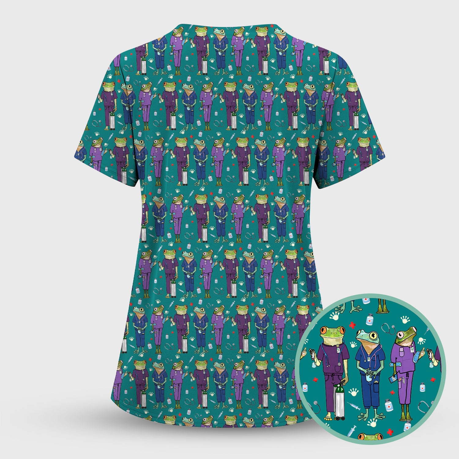 Funny Frog Nurse Pattern Scrub Set, Scrub Pants and V Neck Top