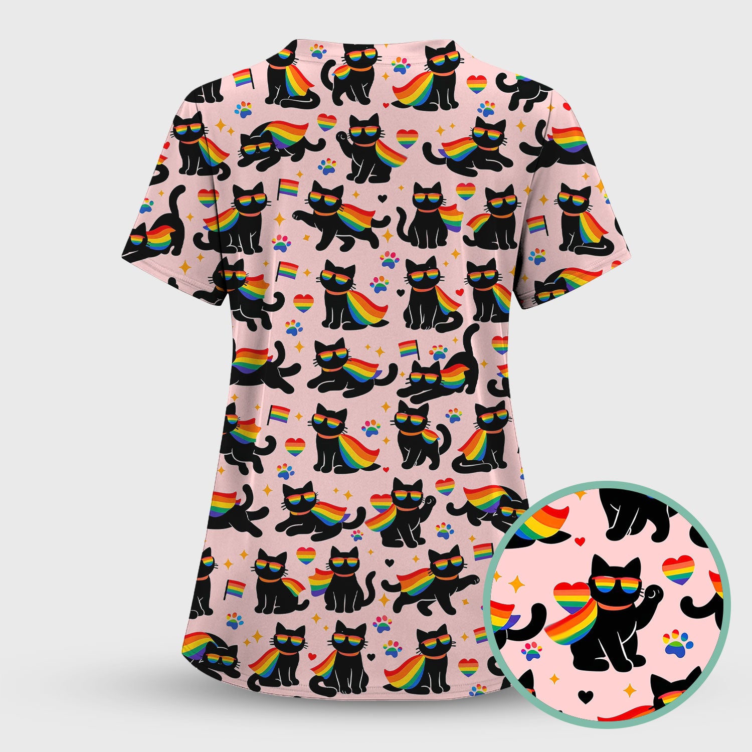 Rainbow Black Cat Pride Pattern Scrub Top, Breathable Fabrics Nursing Uniform