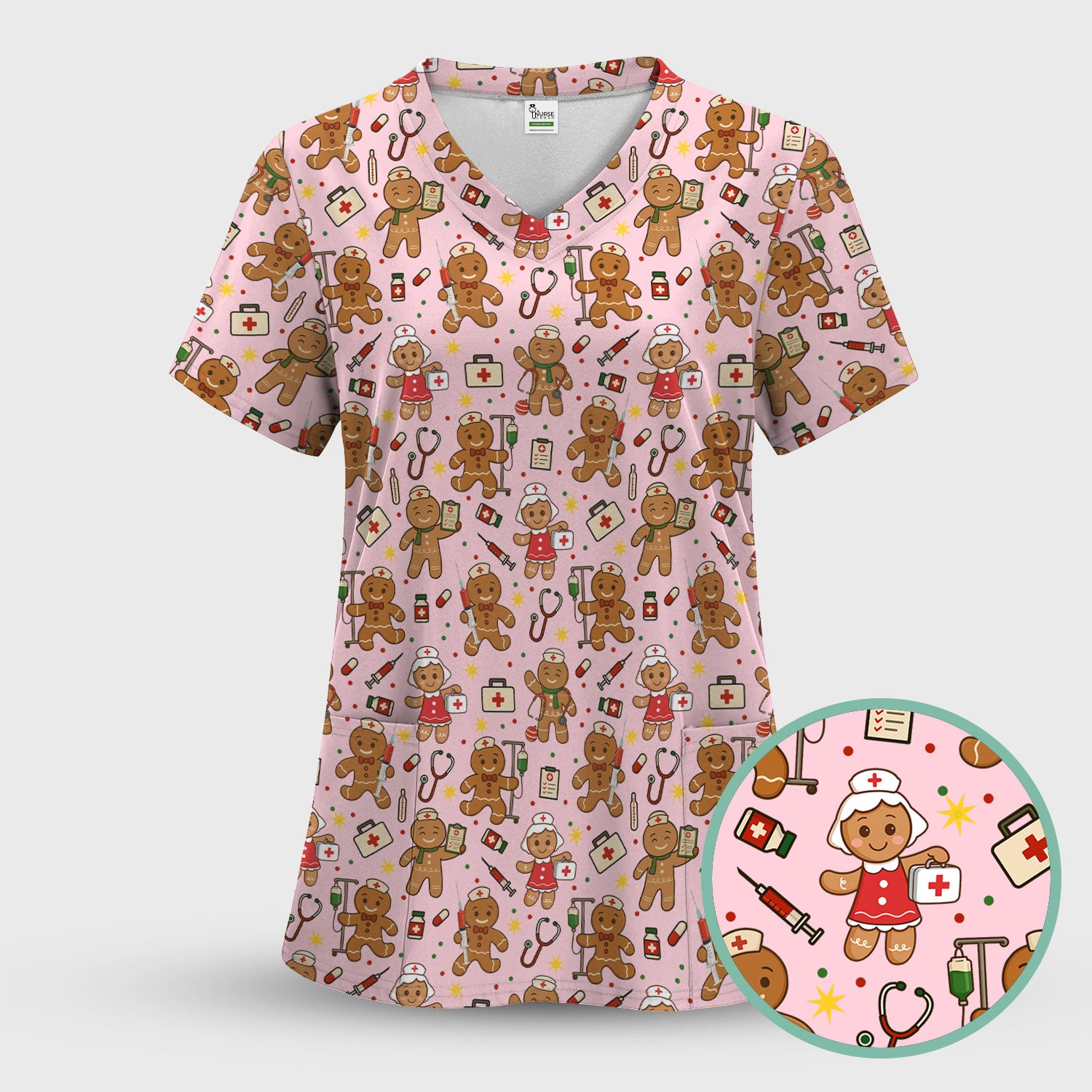 Cute Gingerbread Nurse Scrub Top - Funny Christmas Cookie Pattern - Holiday Nursing Shirt Gift for RN LPN CNA Women