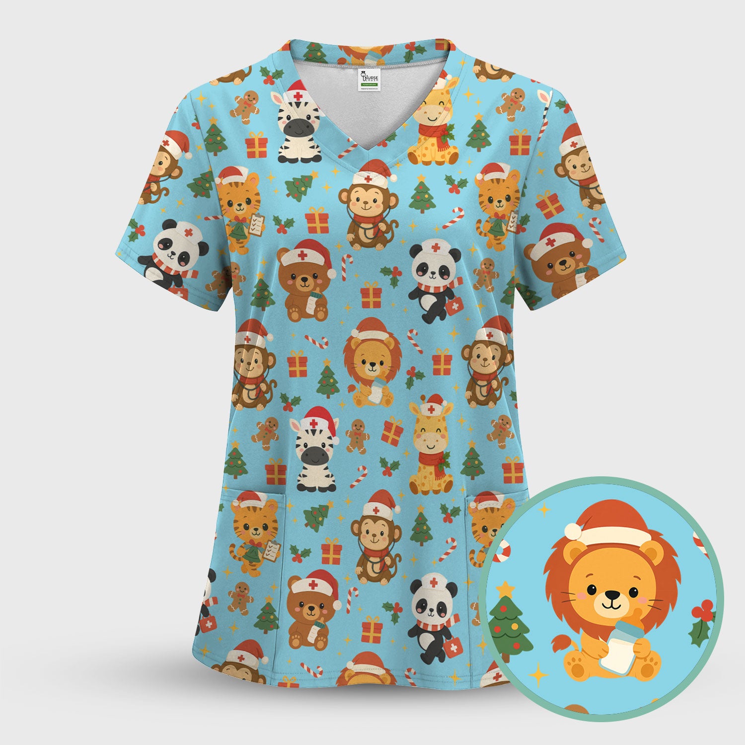 Cute Animal Christmas Nurse Scrub Top - Funny Holiday Safari Pattern Shirt for Women - Festive Nursing Gift for RN LPN CNA