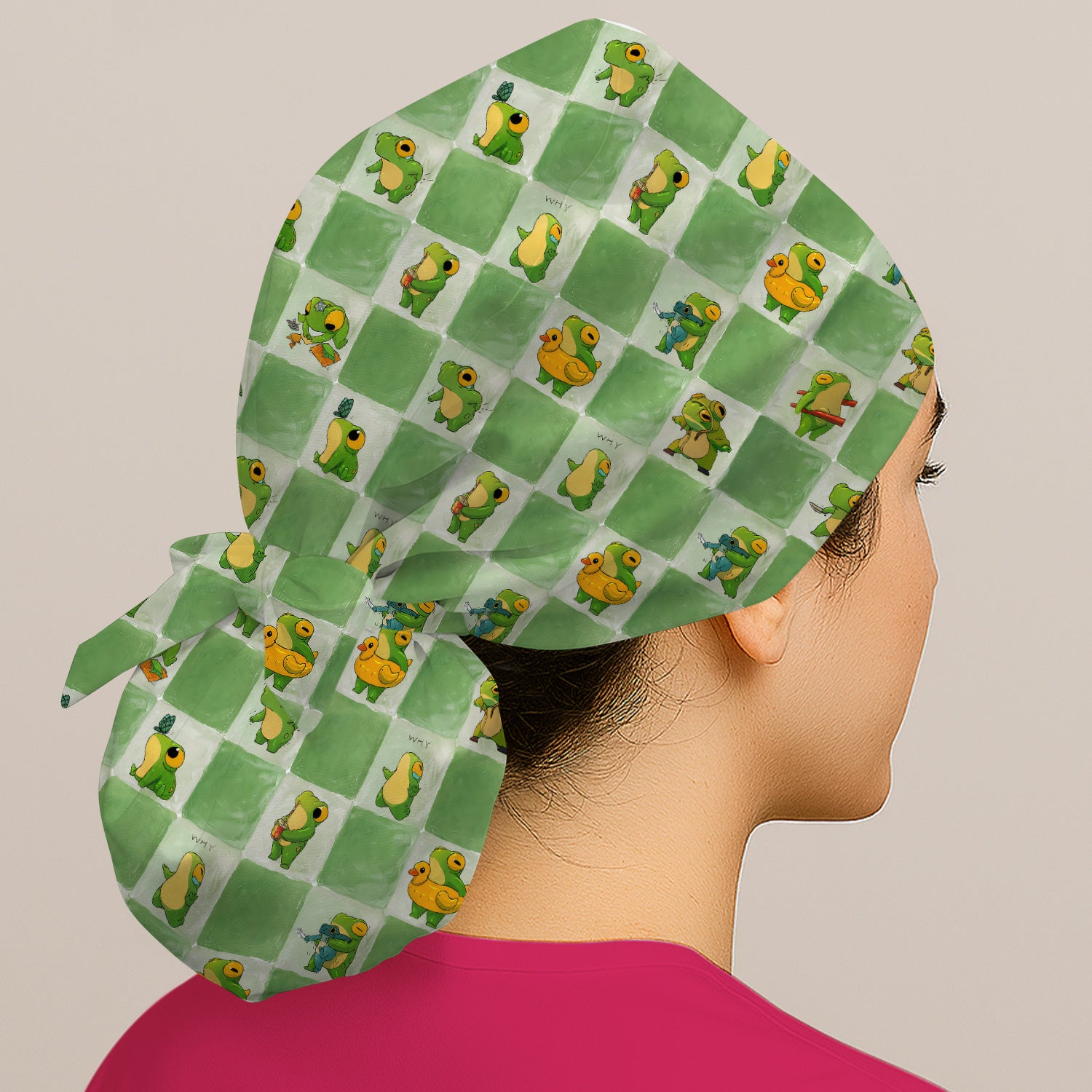 Cute Frog Duck Checkerboard Pattern Scrub Cap, Surgical Caps for Doctors