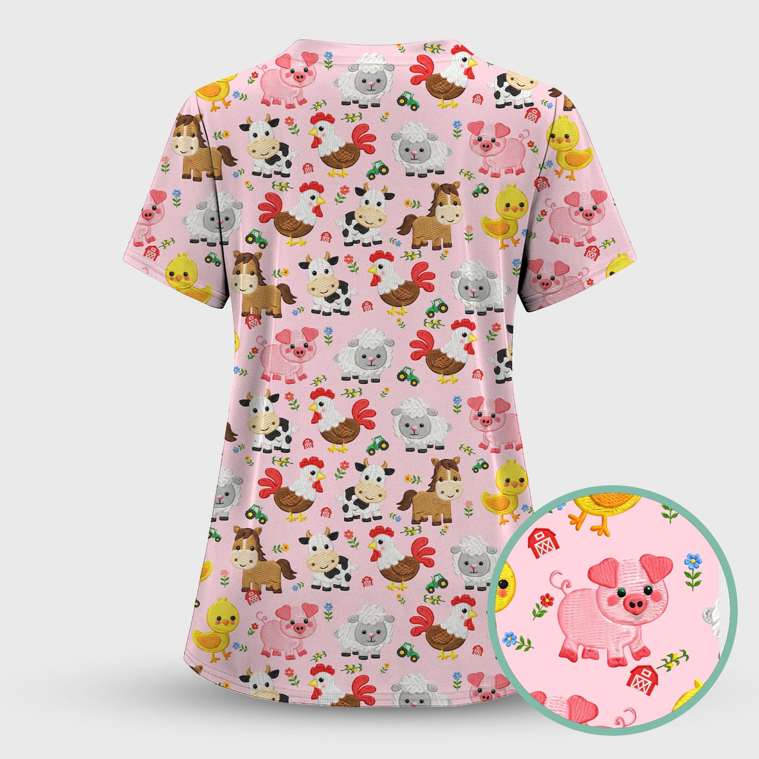Cartoon Farm Animal Pattern Scrub Top, Breathable Fabrics Nursing Uniform