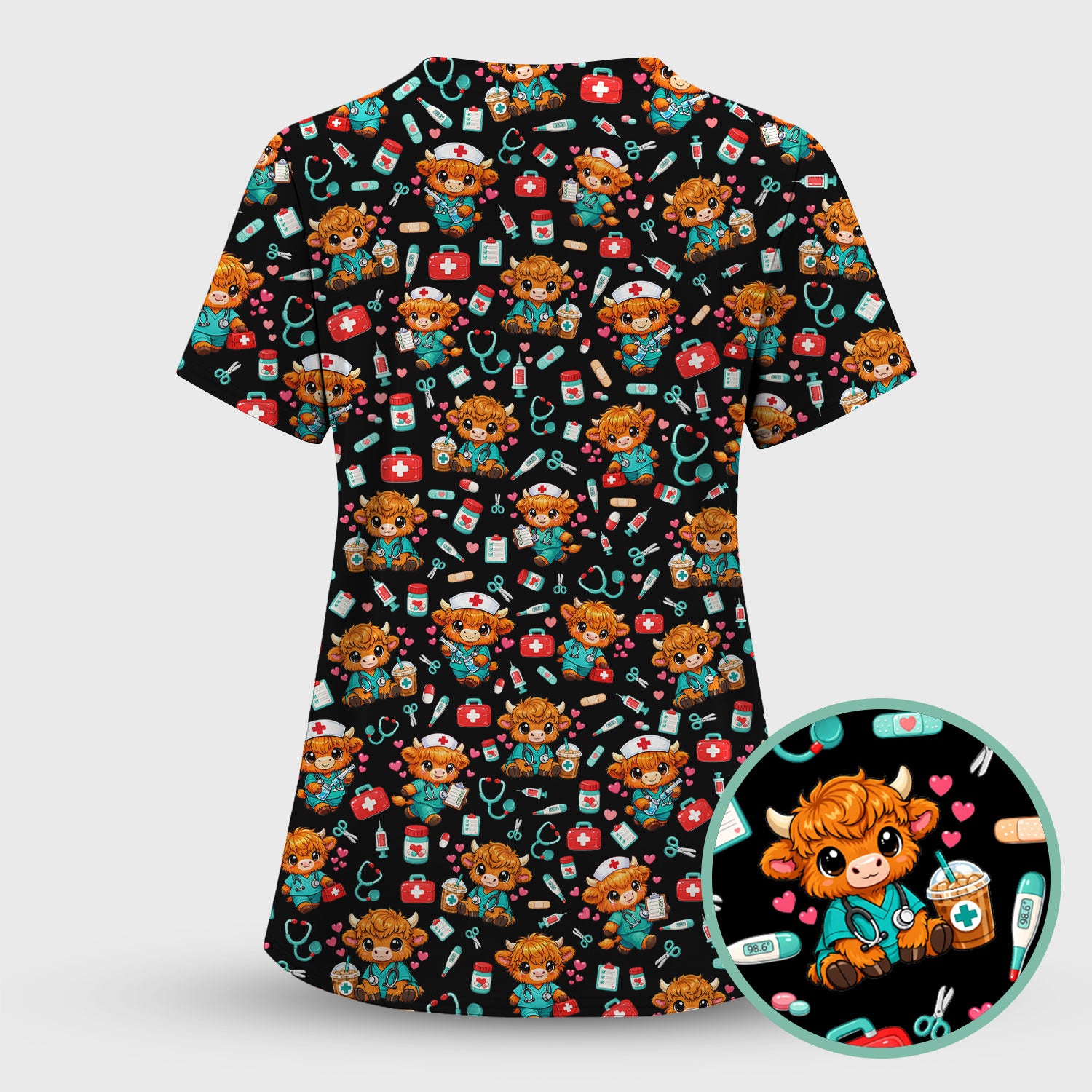 Cute Highland Cow Nurse Scrub Set, Kawaii Medical Pattern Shirt, Breathable Fabrics Nursing Uniform