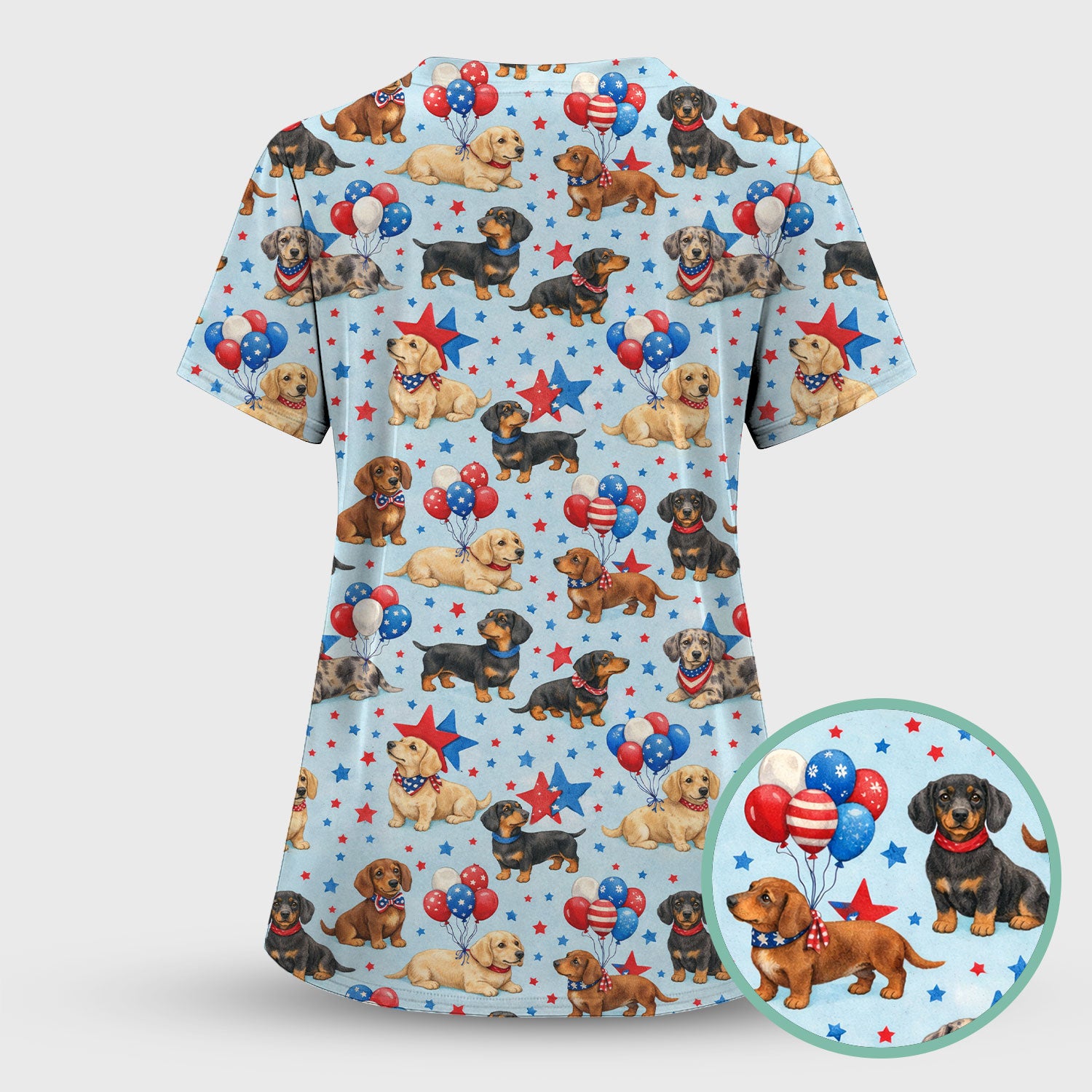 Cute Patriotic Dachshund Balloon Star Pattern Scrub Set, Scrub Pants and V Neck Top
