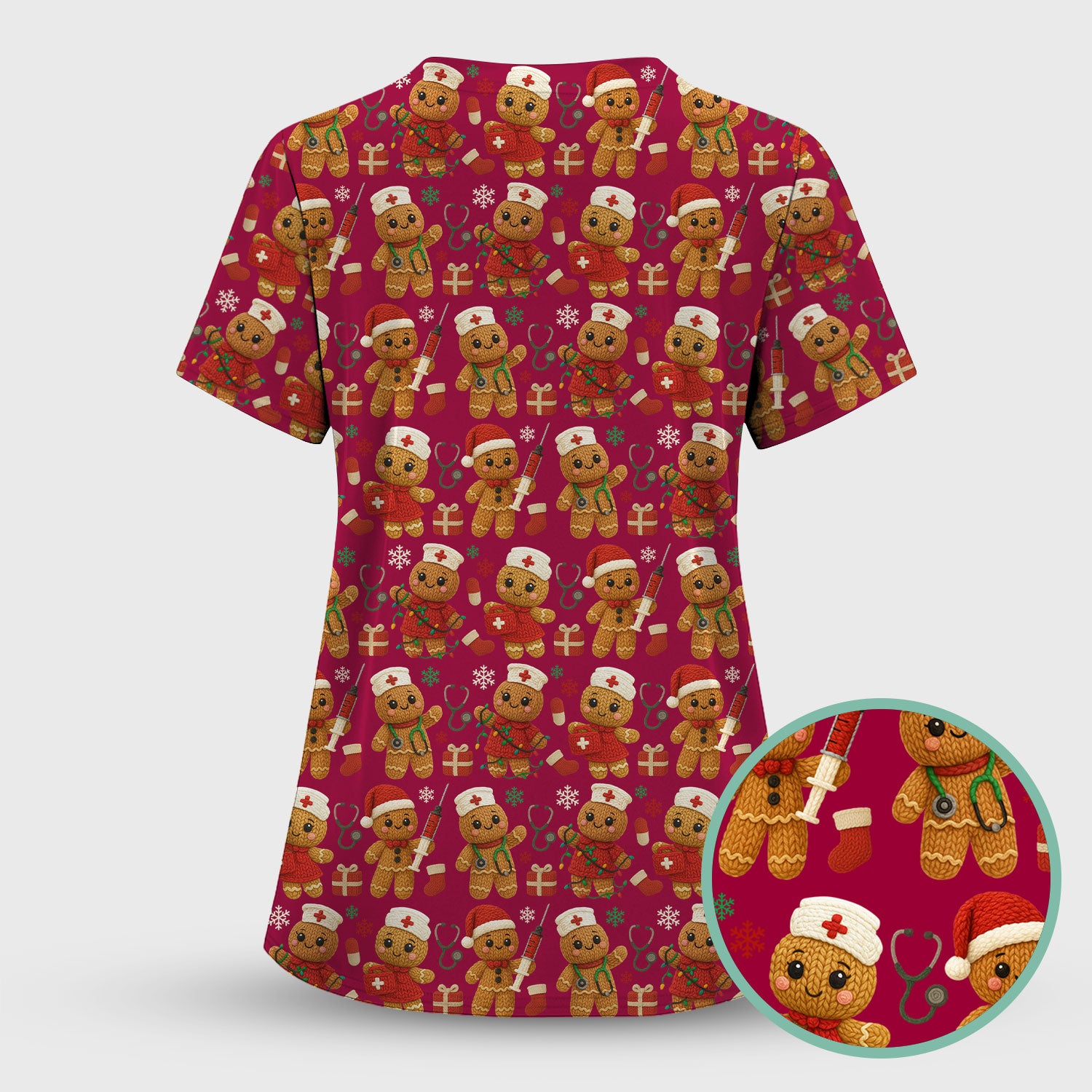 Christmas Scrub Tops for Women - Cute Gingerbread Nurse Pattern Medical Scrub Shirt - Festive Holiday Christmas Scrubs with Adorable Design