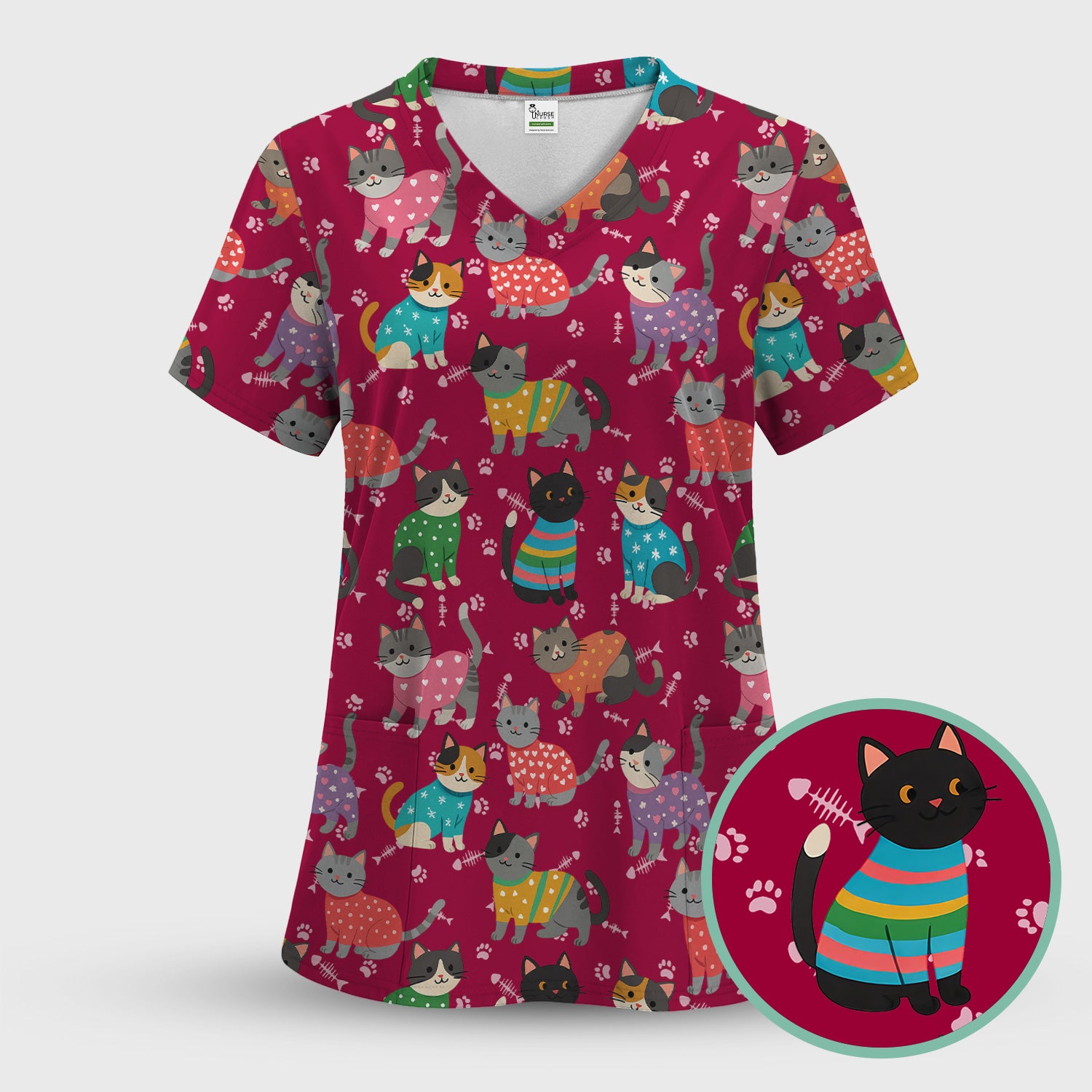 Custom Cat Scrub Top Multi Color - Cute Kitty Print Scrub Shirt for Nurses - Funny Colorful Nursing Workwear with Pockets