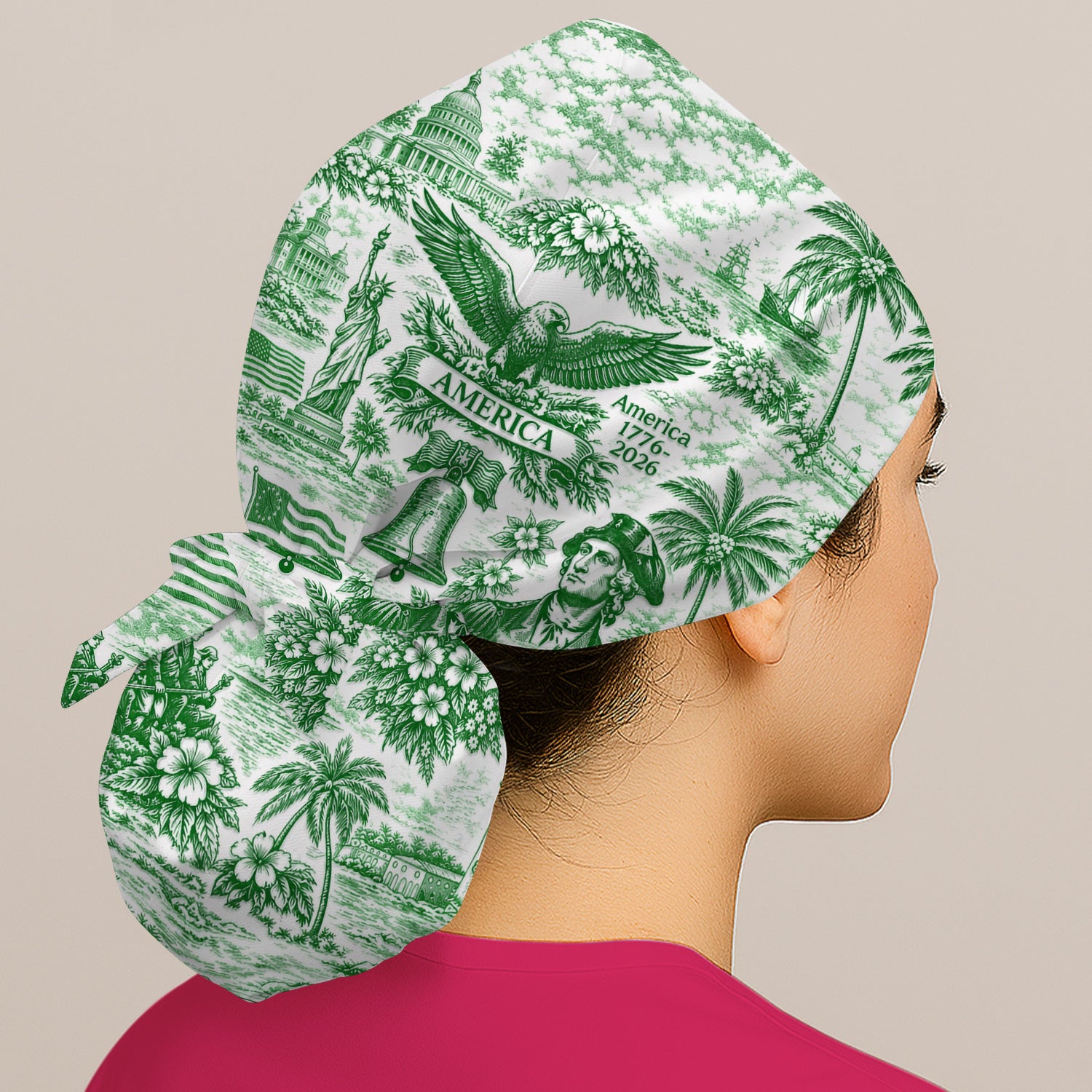 Patriotic America Heritage Toile Pattern Cap, Bouffant Scrub Caps for Women