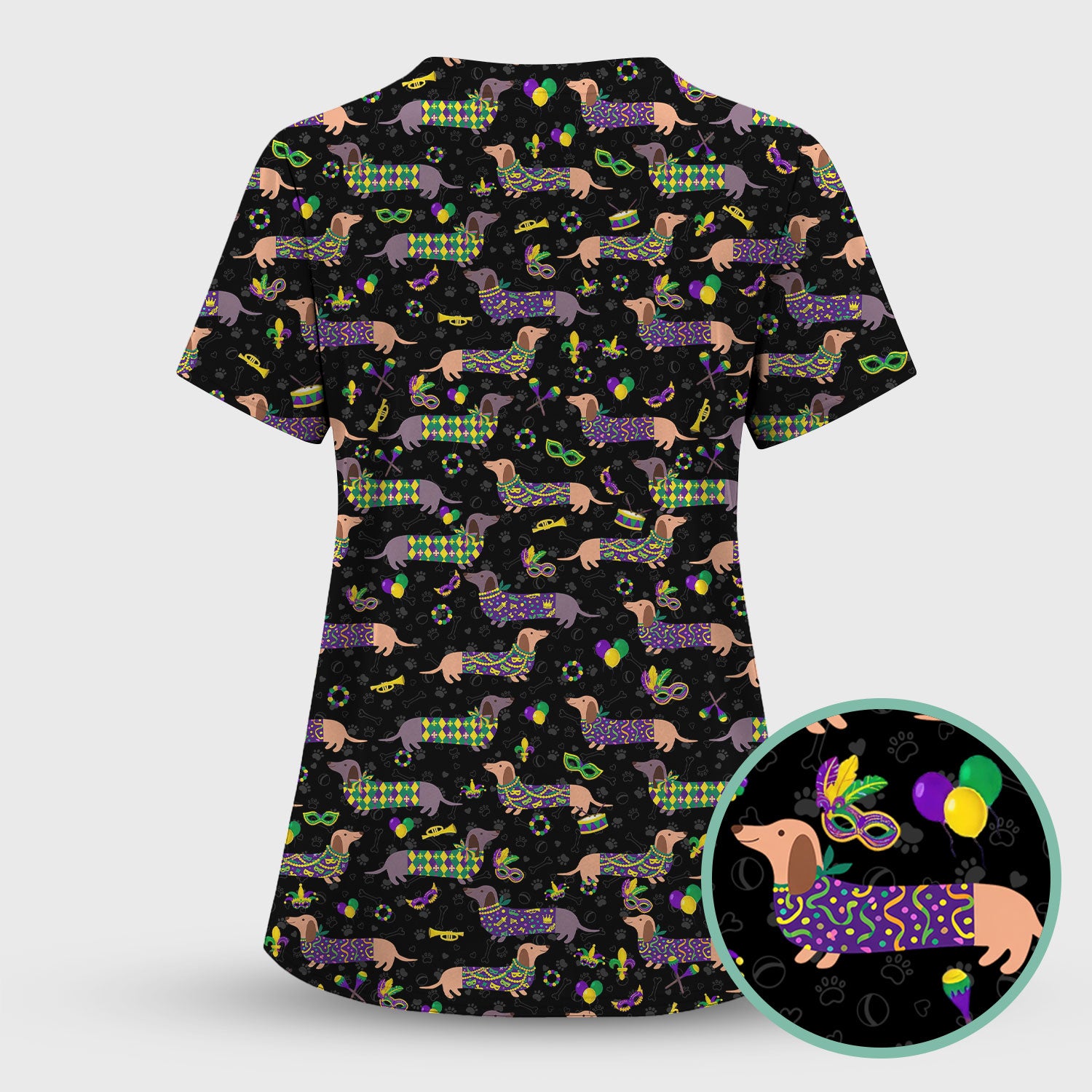 Mardi Gras Dachshund Nurse Scrub Set, Wiener Dog Holiday Pattern Nurses Shirt, Comfortable Uniform Scrubs For Nursing