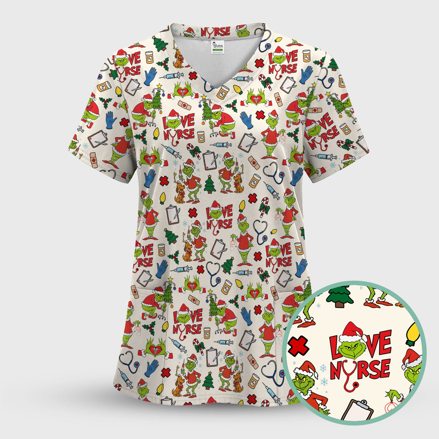 Grinch Nurse Scrub Shirt Multi Colors - Love Nurse Christmas Scrub Top - Funny Holiday Nursing Workwear with Pockets