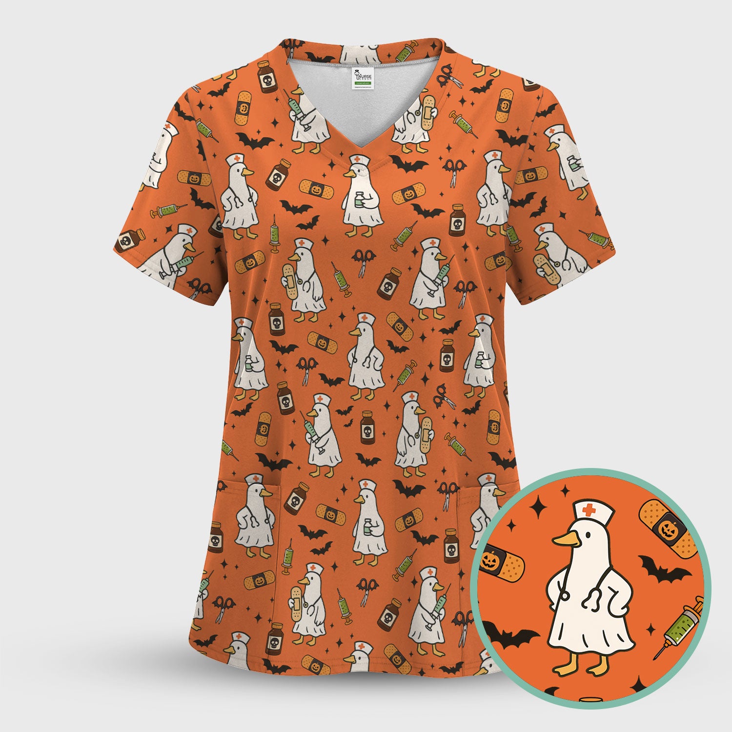Funny Goose Nurse Scrub Top - Cute Halloween Duck Pattern Shirt with Bats & Bandages - Spooky Nursing Gift for Women RN LPN CNA